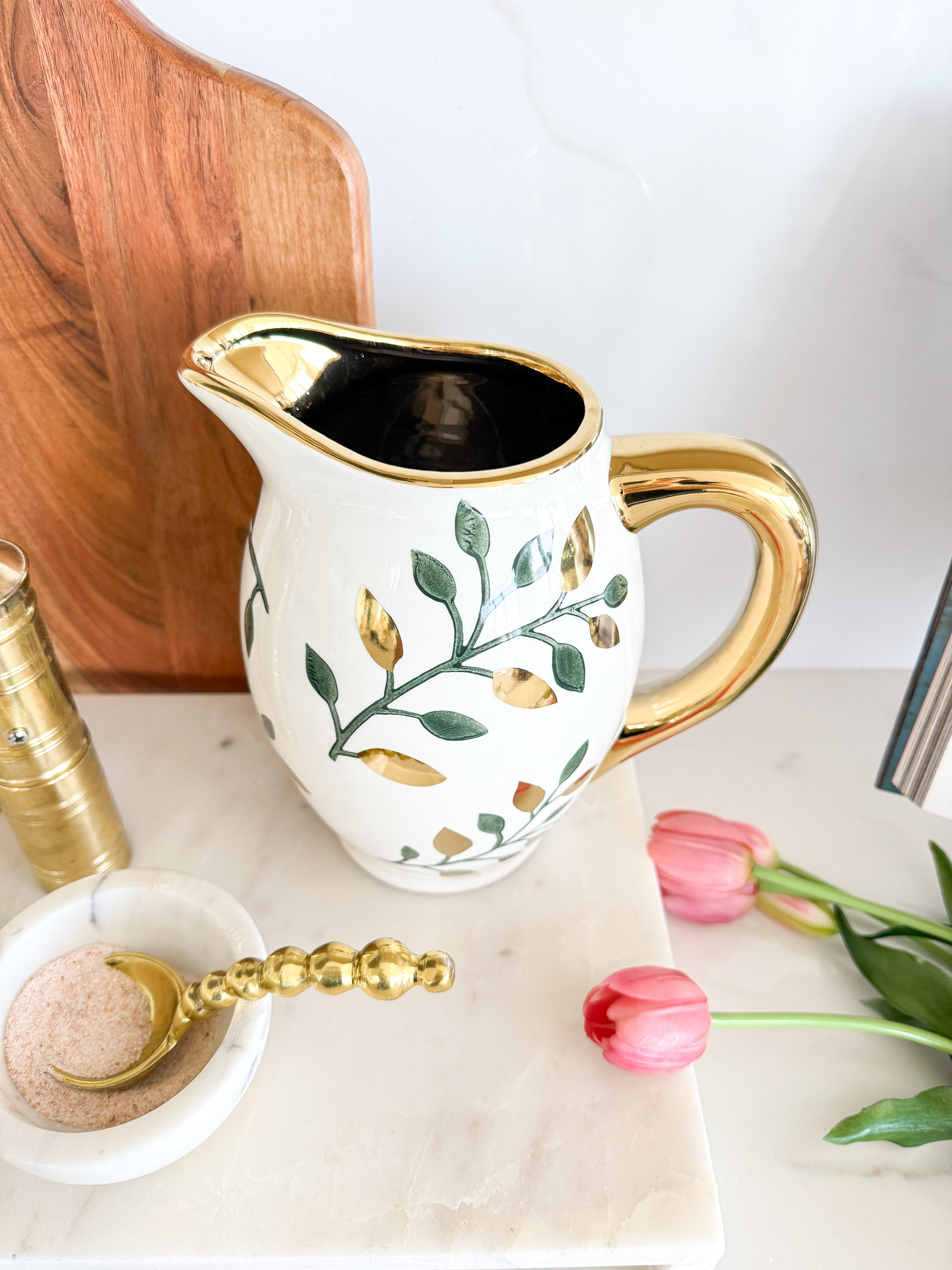 White and Gold Leaf Print Pitcher
