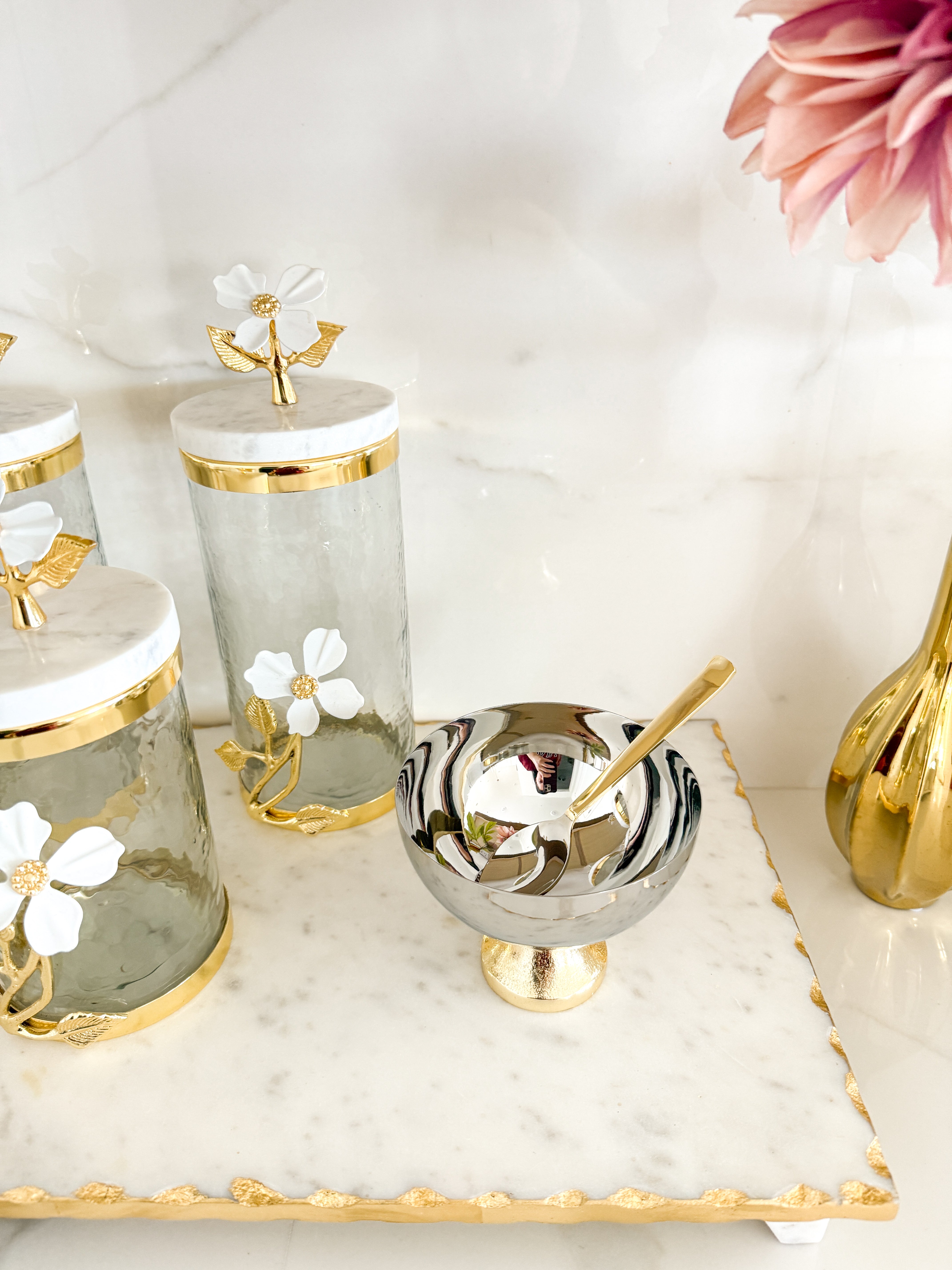 Gold and Silver Footed Sugar Bowl with Spoon
