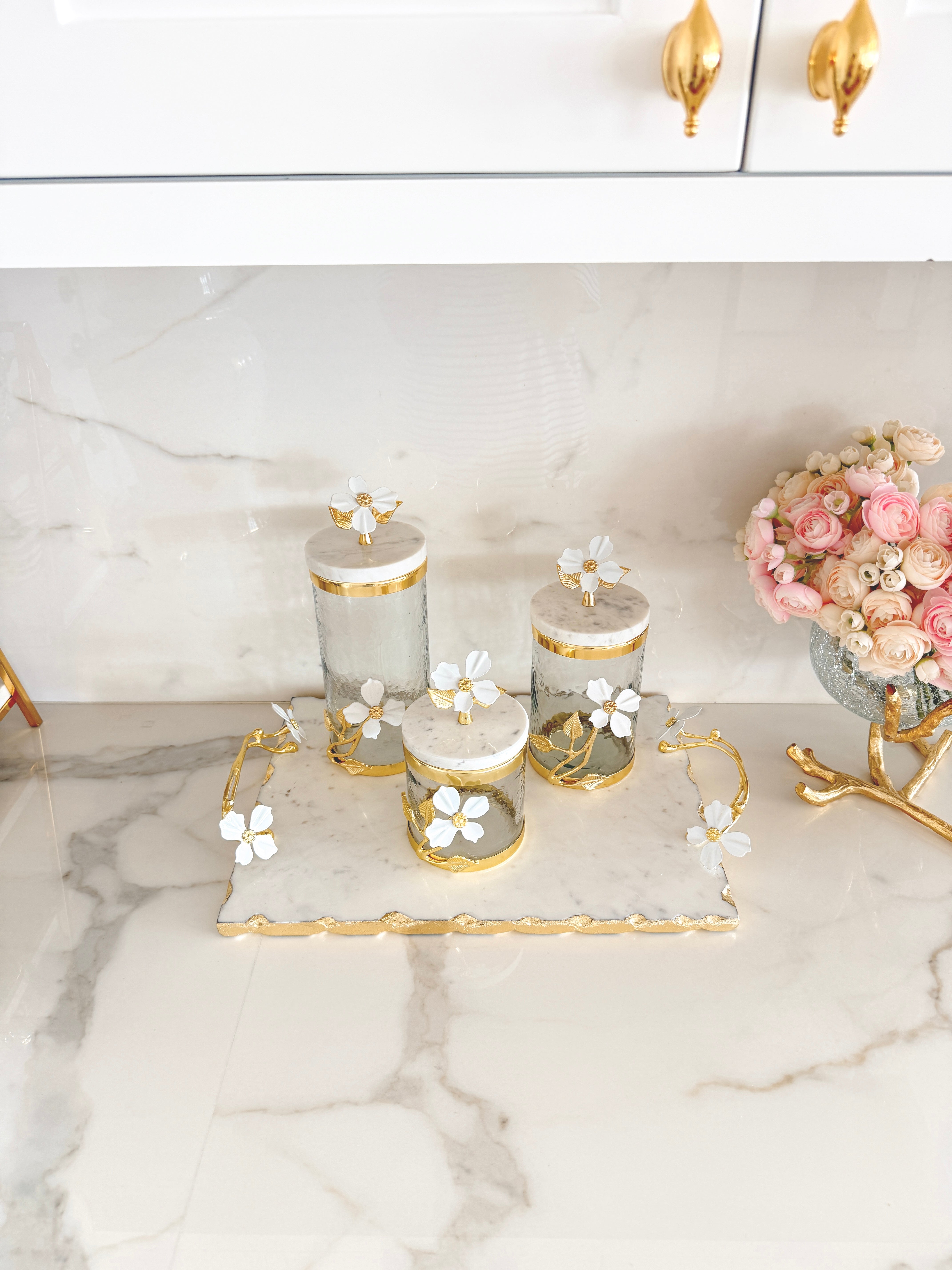 Marble Rectangle Tray with Gold Jasmine Flower