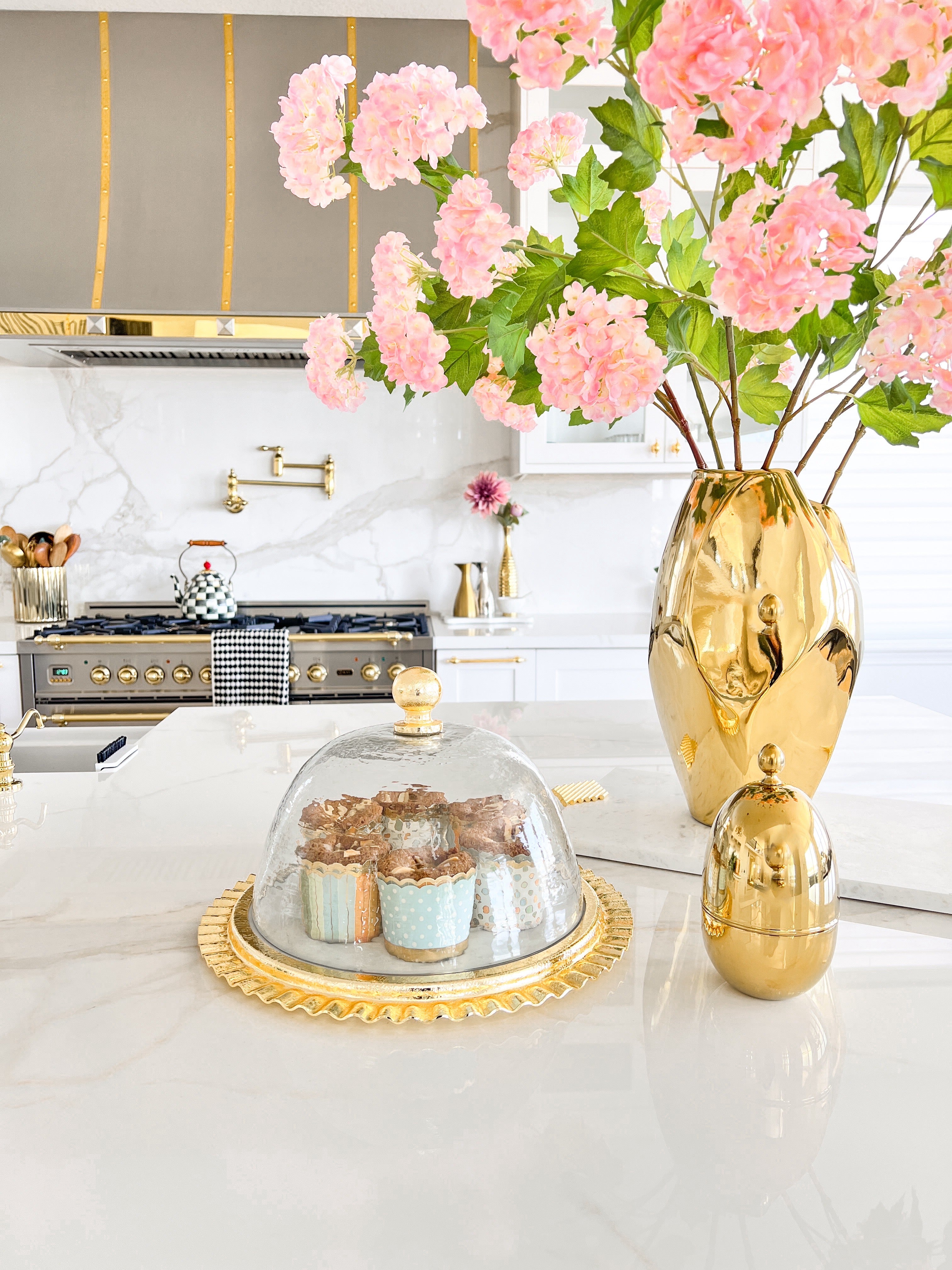 Marble with Gold Hammered Cake Stand with Glass Dome