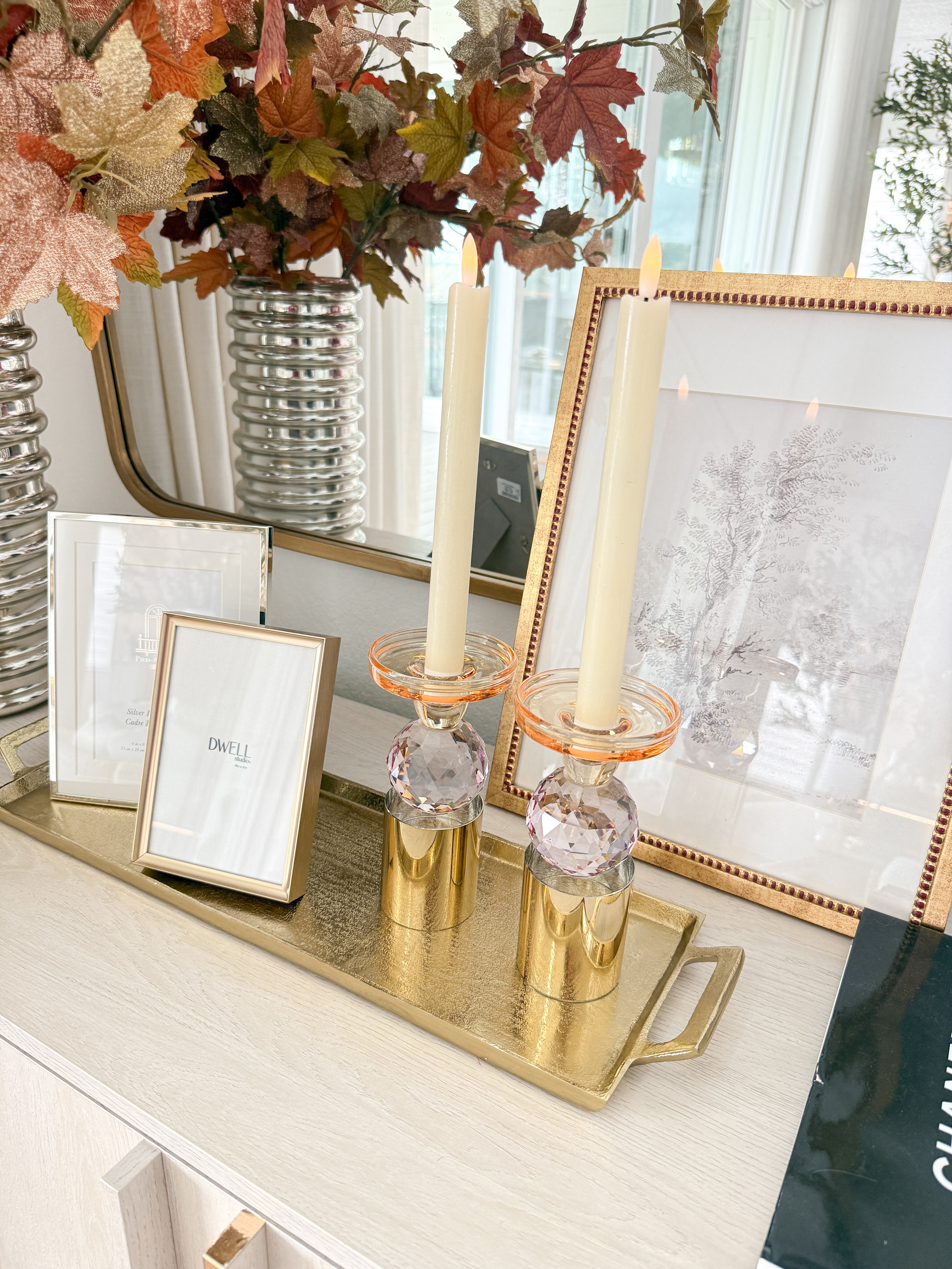 Pink Crystal Candlestick with Gold Base (Set of2)