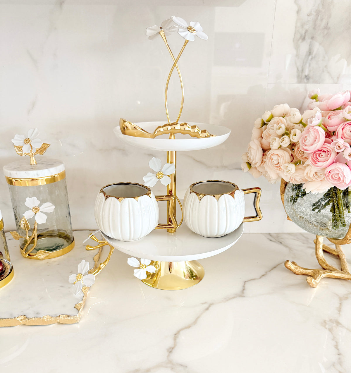 Gold with White Jasmine Flower 2-Tier Server Stand