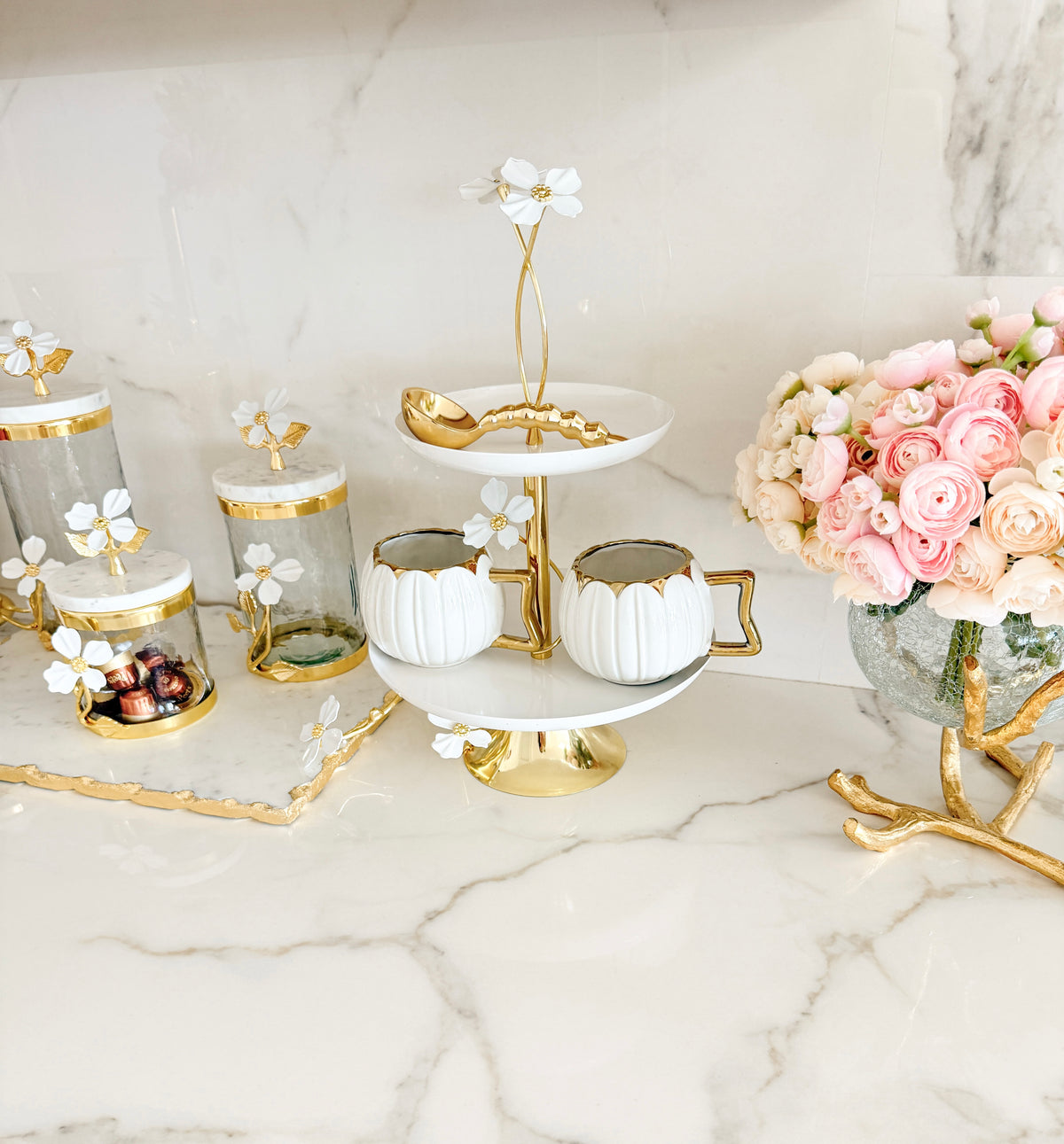 Gold with White Jasmine Flower 2-Tier Server Stand