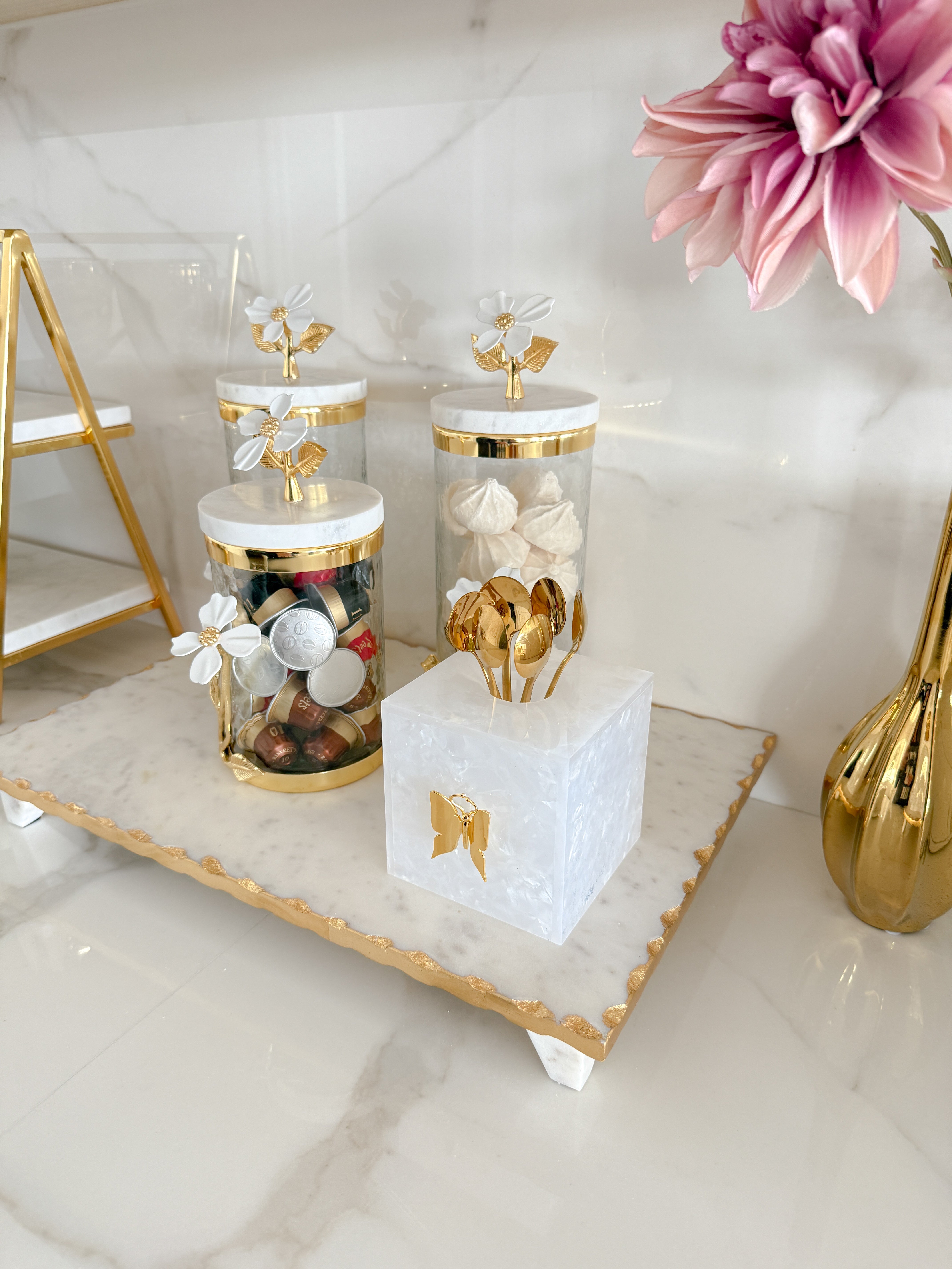 White and Gold Butterfly Spoon Holder/Match Jar