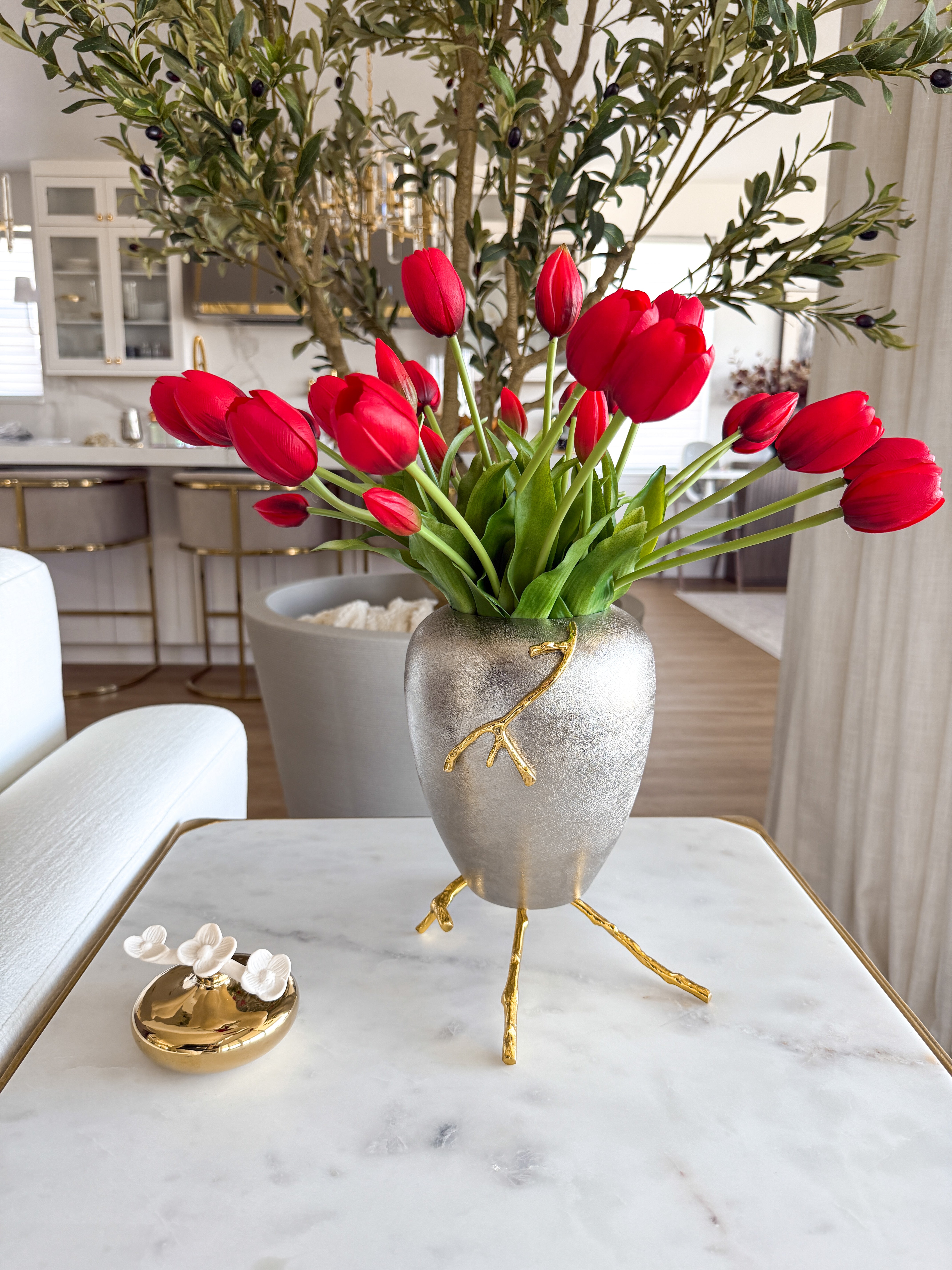Brushed Silver with Gold Branch Base Utensil Cup Holder