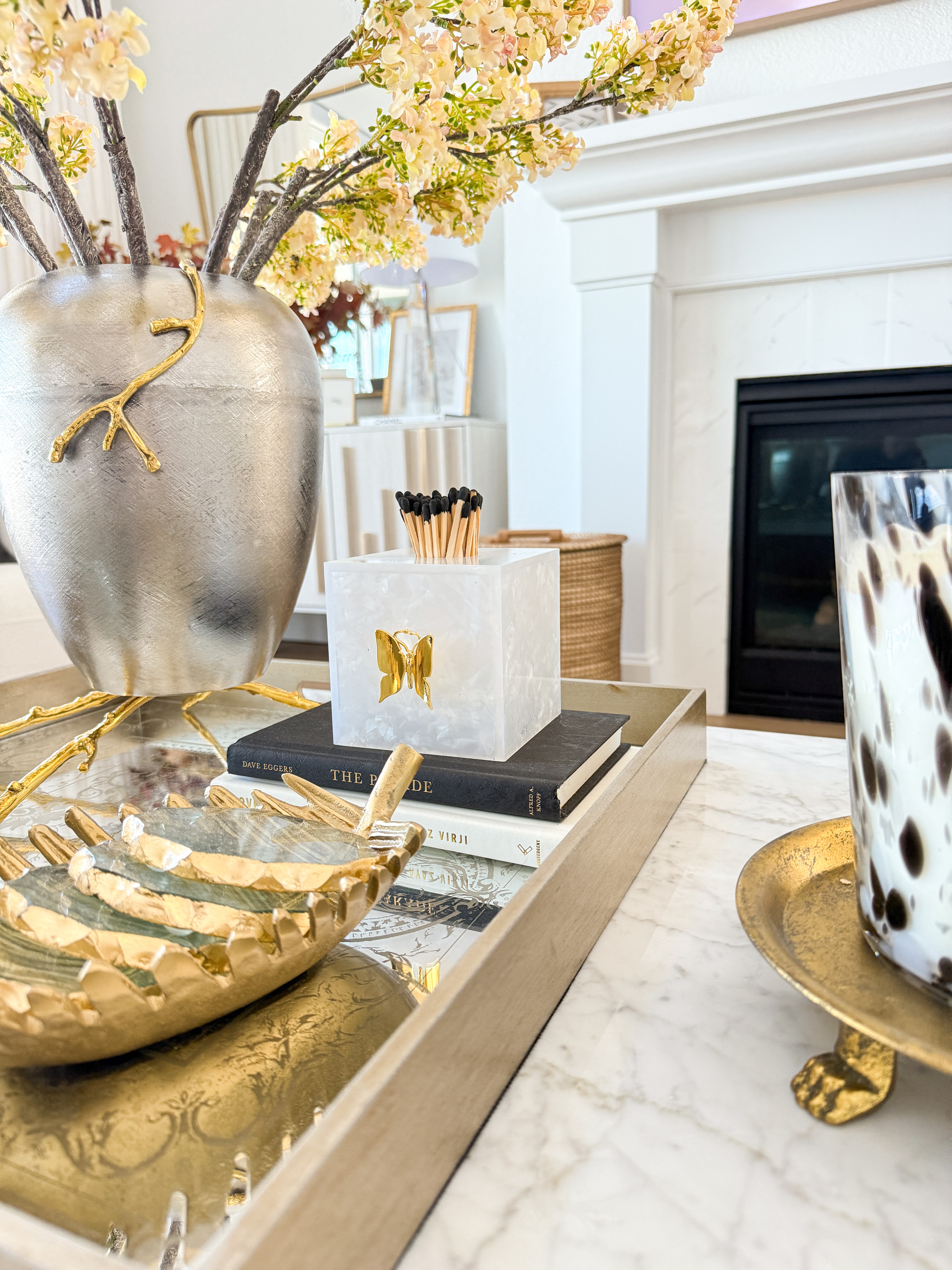 White and Gold Butterfly Spoon Holder/Match Jar