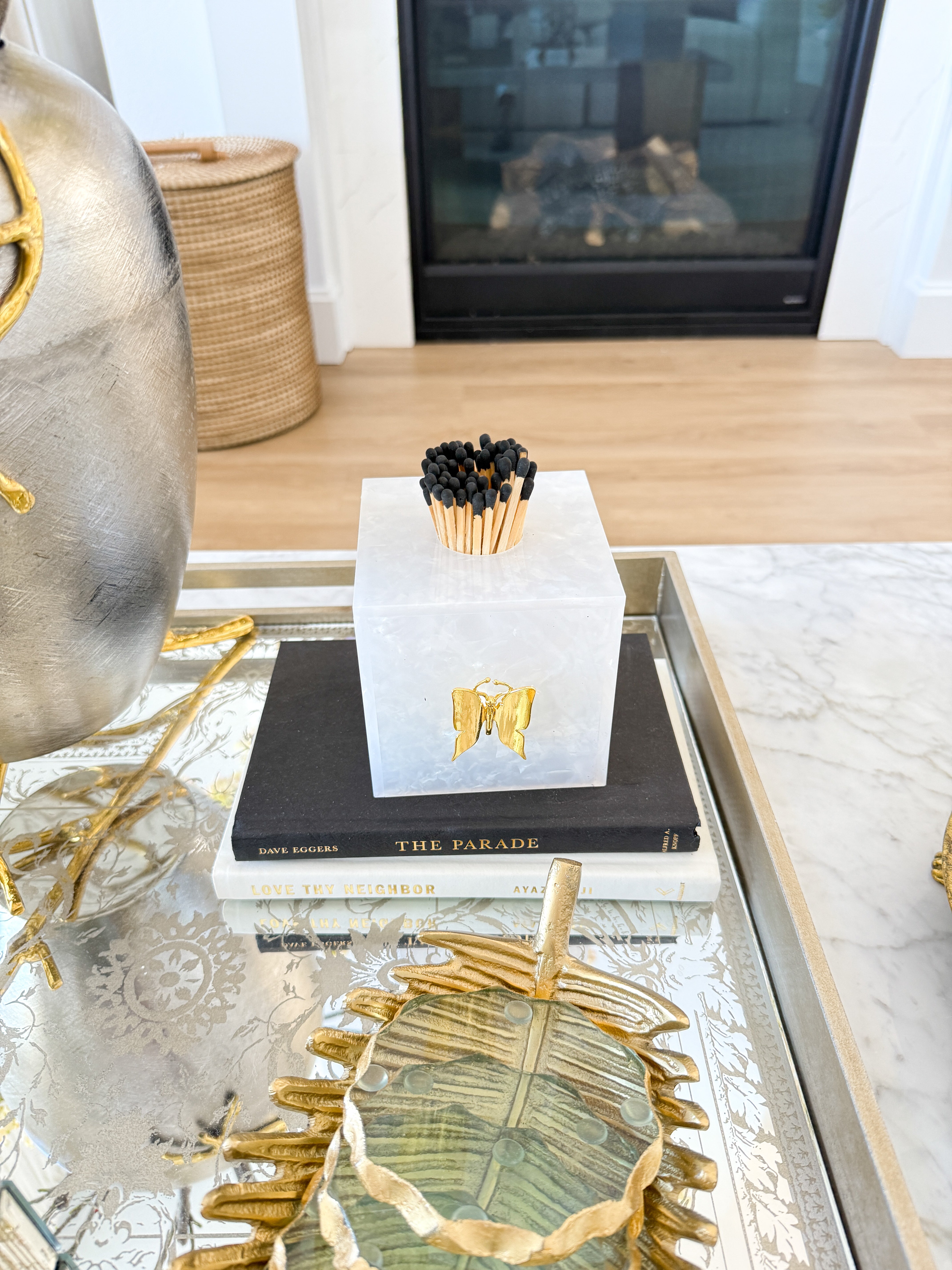 White and Gold Butterfly Spoon Holder/Match Jar