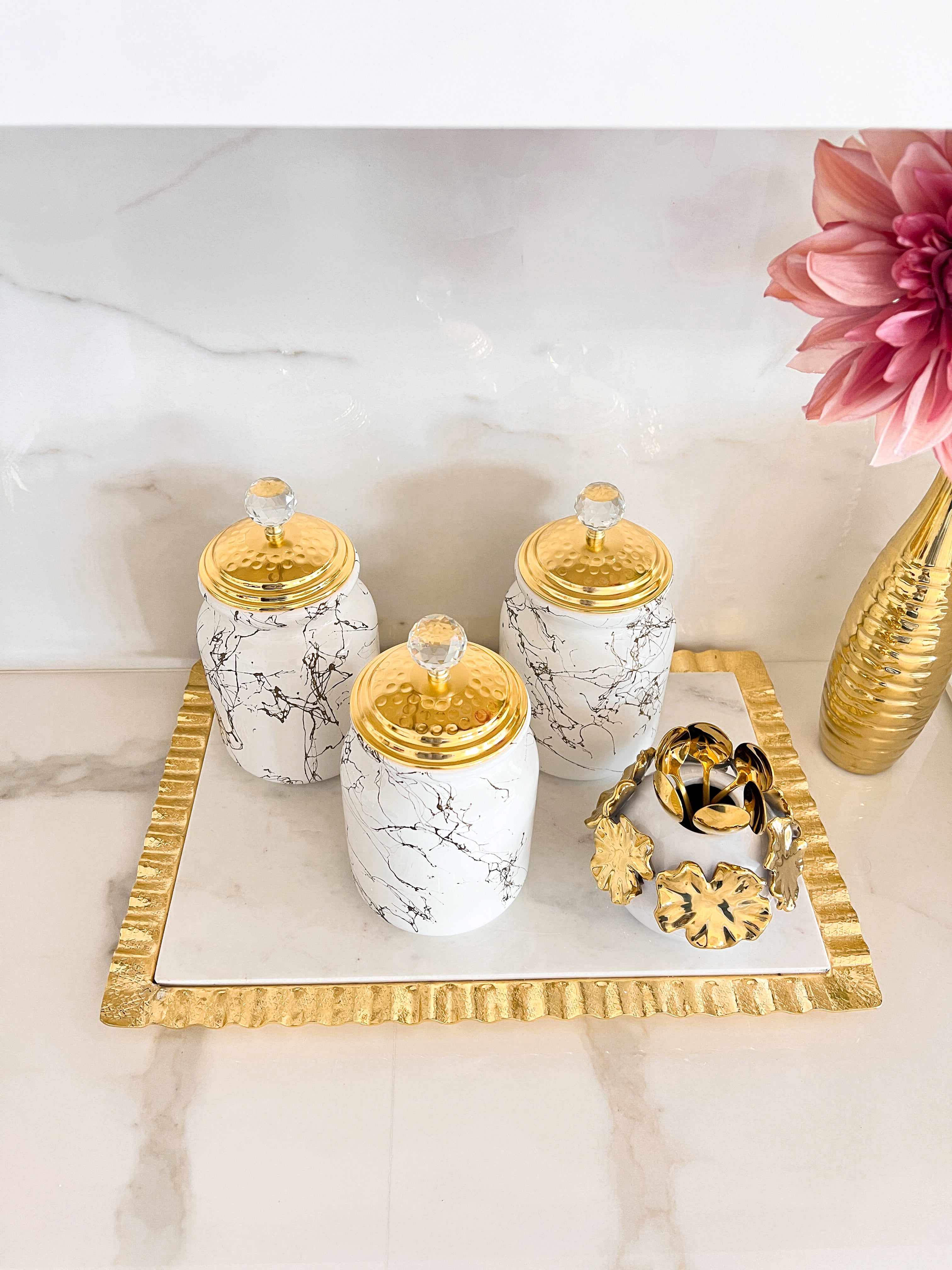 White with Gold Vein Glass Canister (Set of 3)