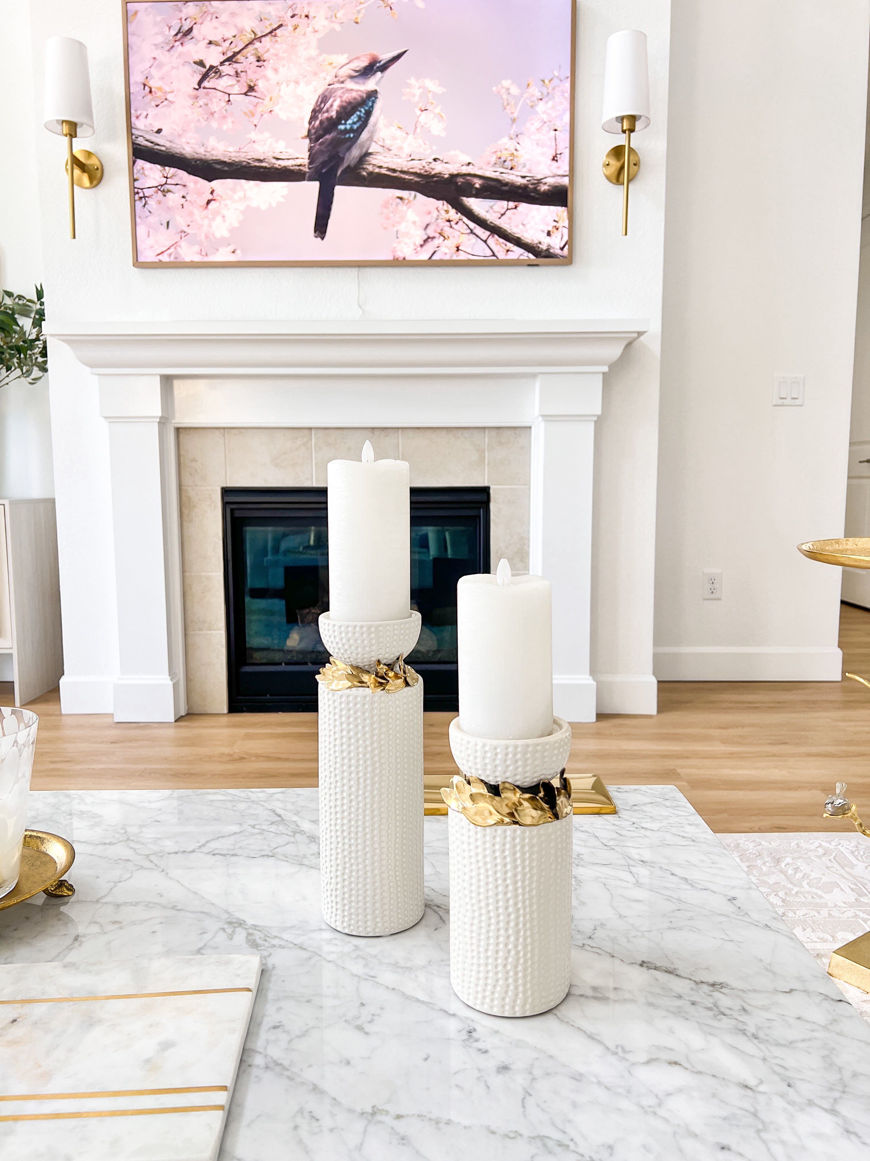 White with Gold Leaf Pillar Candle Holder (Set of 2)