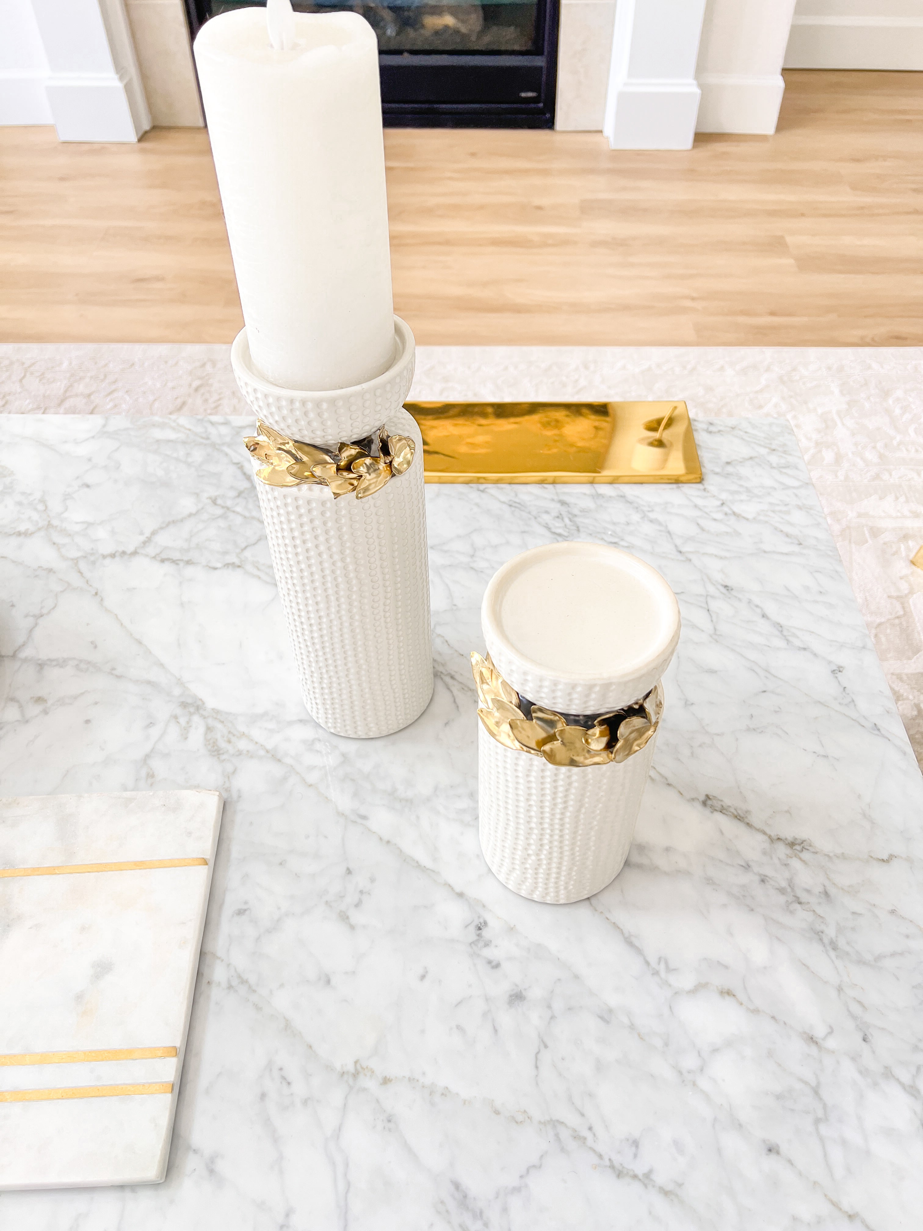 White with Gold Leaf Pillar Candle Holder (Set of 2)