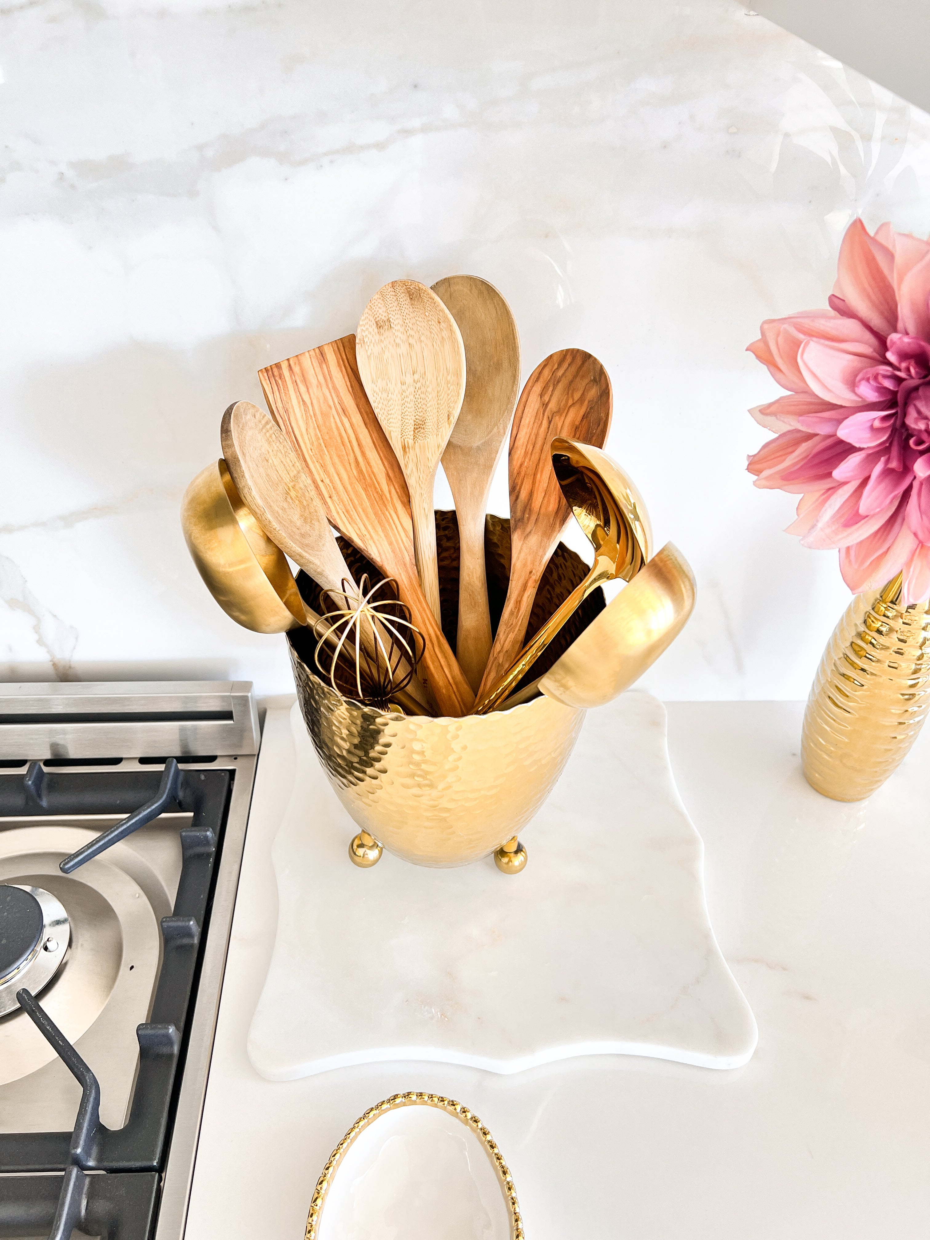 Gold Hammered Footed Utensil Cup Holder