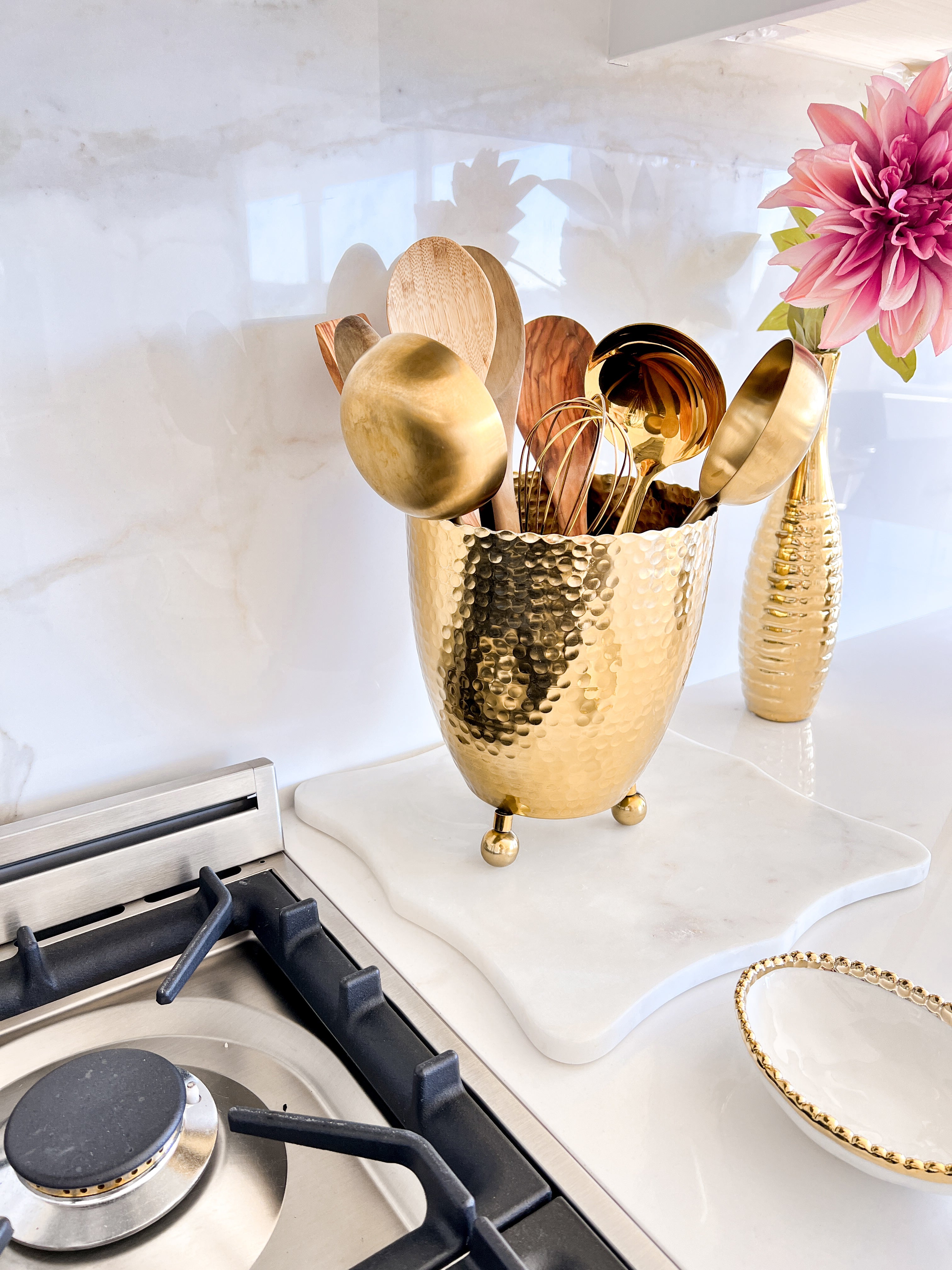 Gold Hammered Footed Utensil Cup Holder