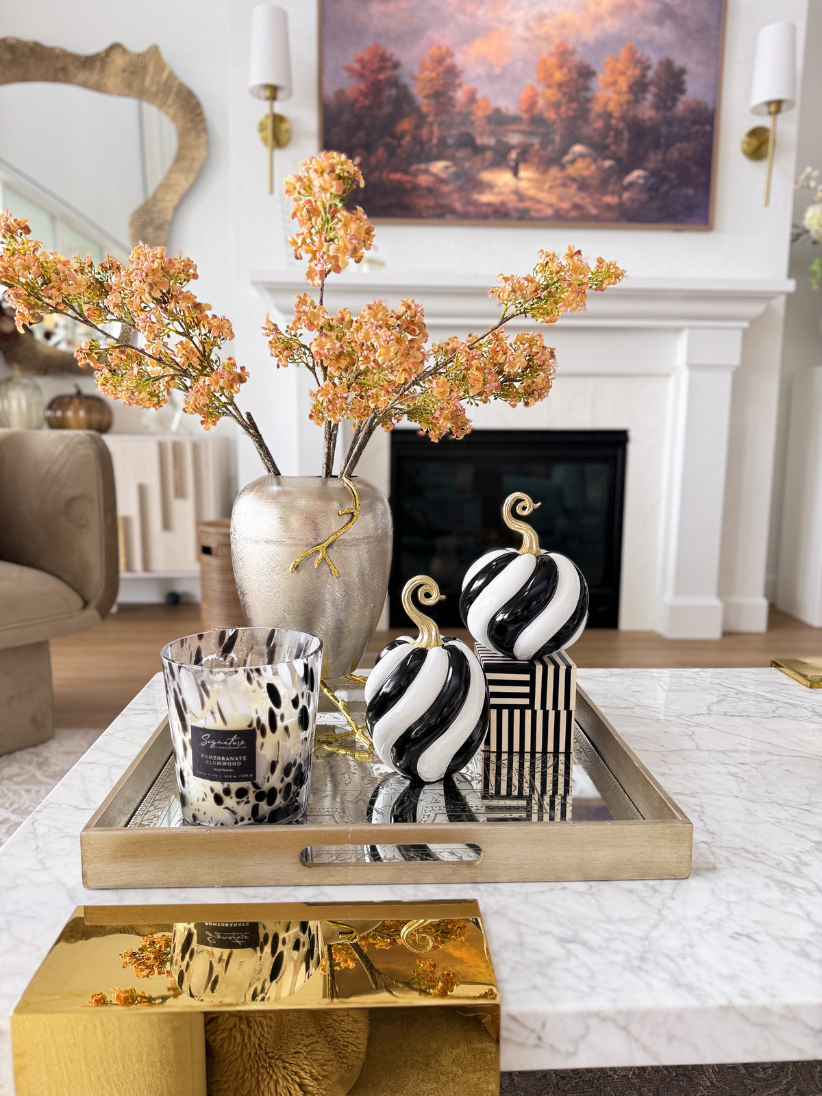 Black and White Spiral Design with Gold Stem Decorative Pumpkin