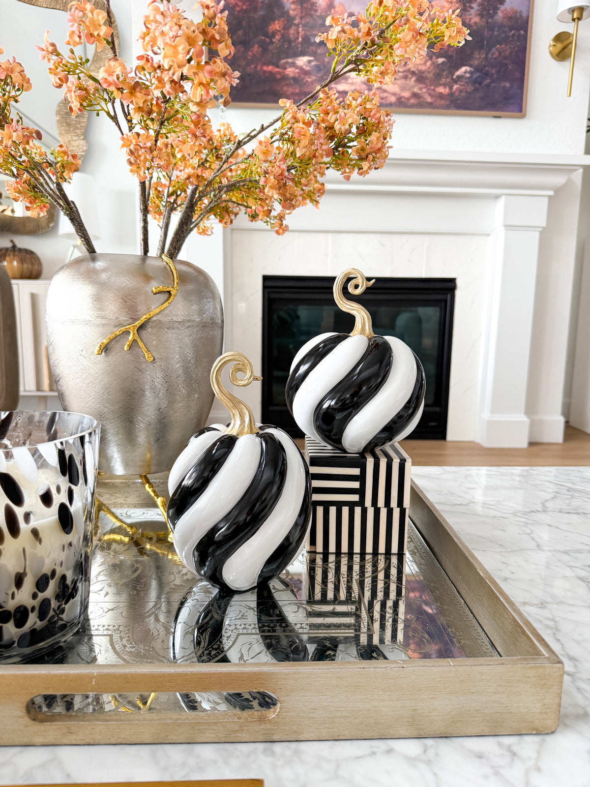 Black and White Spiral Design with Gold Stem Decorative Pumpkin