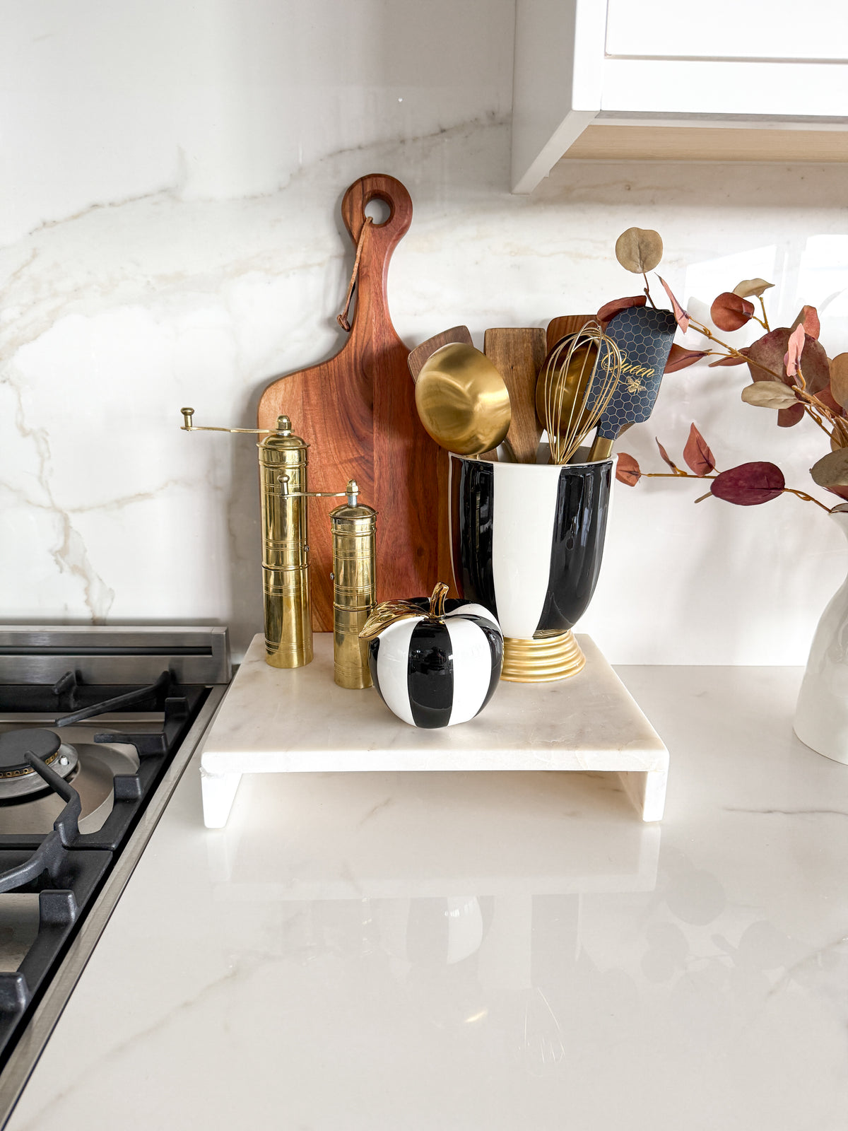 Black and White Striped Ceramic Utensil Holder