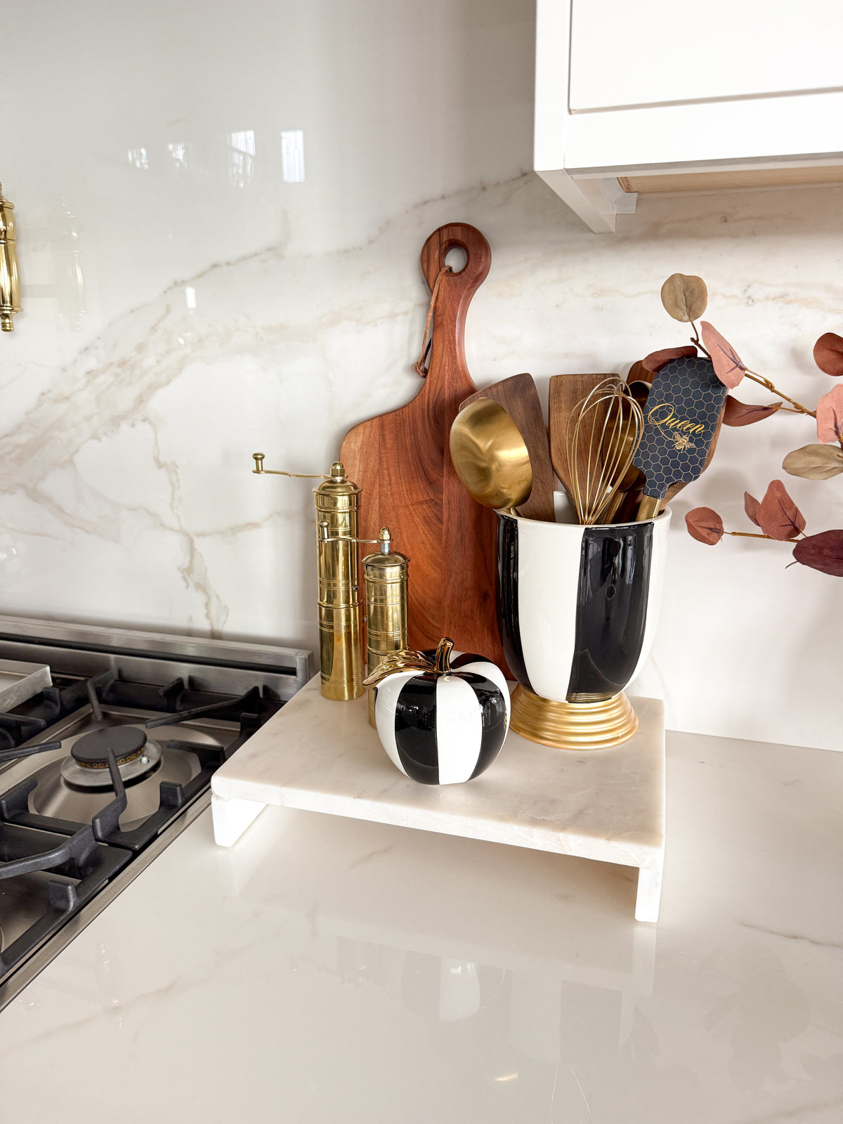 Black and White Striped Ceramic Utensil Holder