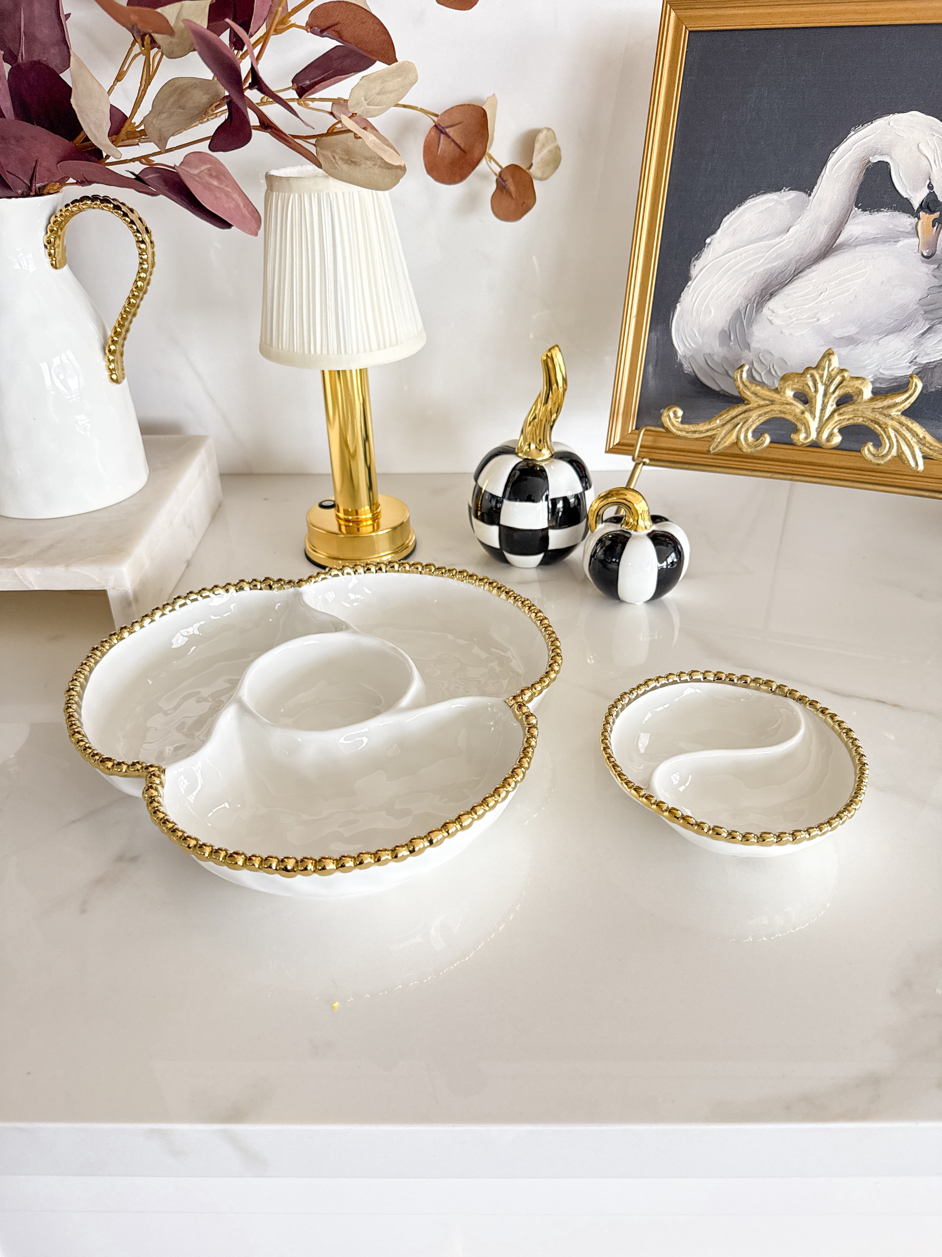 White with Gold Beaded 4- Section Server | HTS DECOR