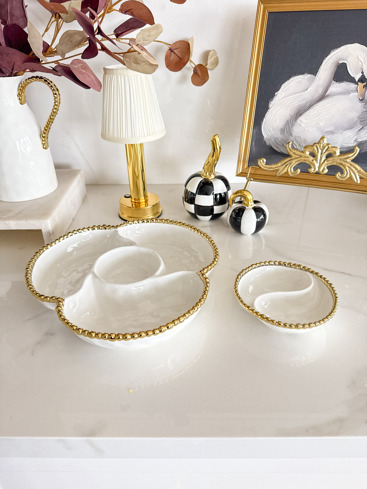 White with Gold Beaded 4- Section Server
