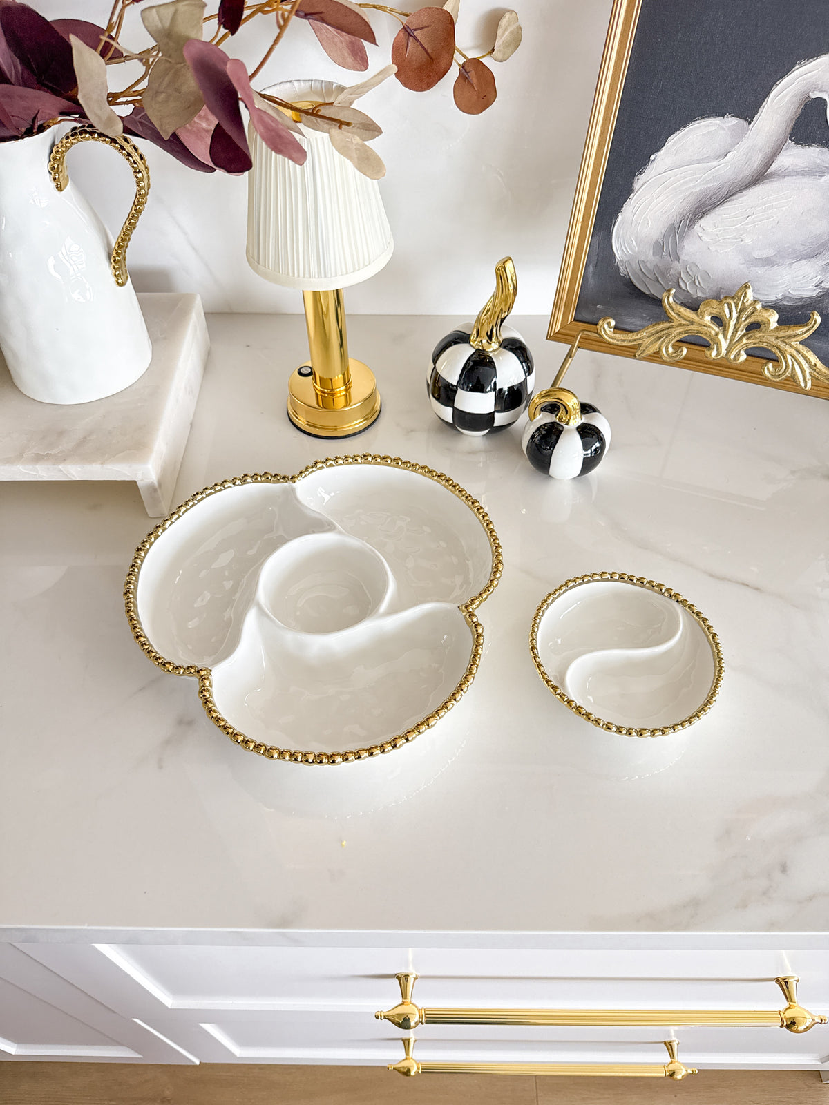 White with Gold Beaded 4- Section Server
