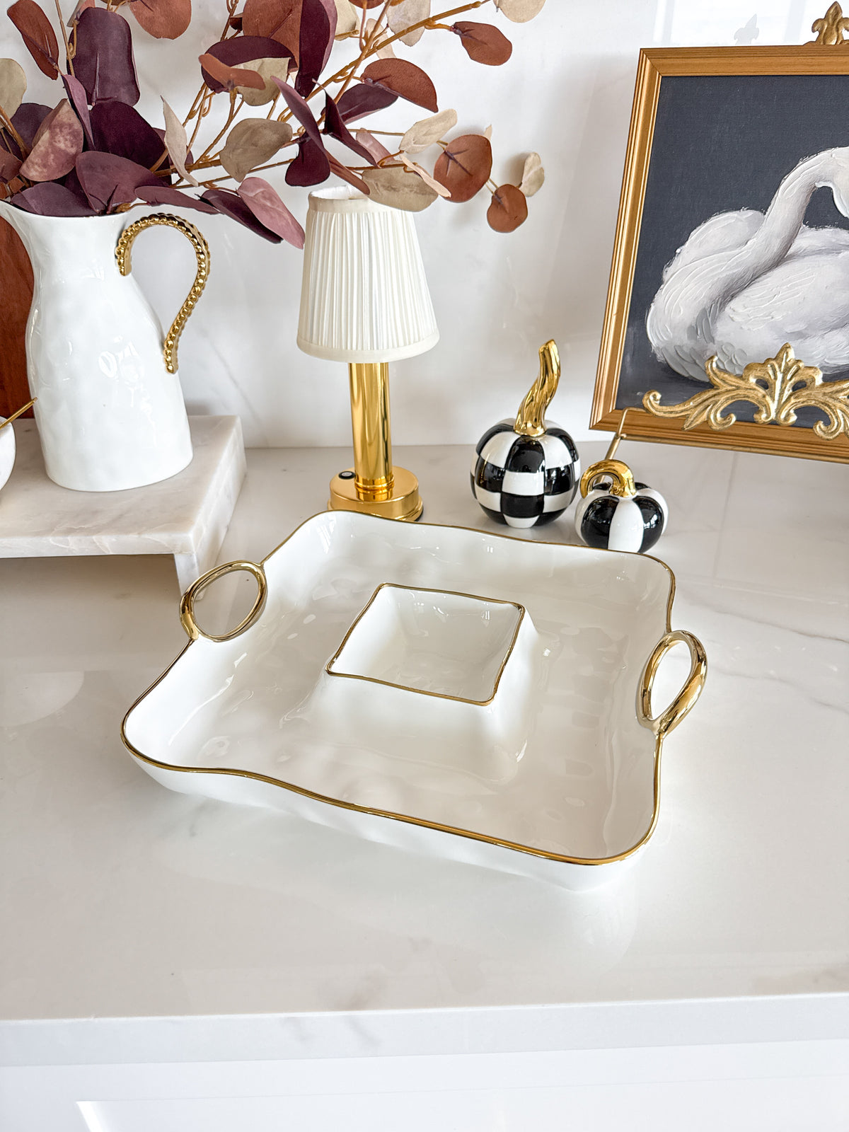 White with Gold Handle Chip & Dip Server
