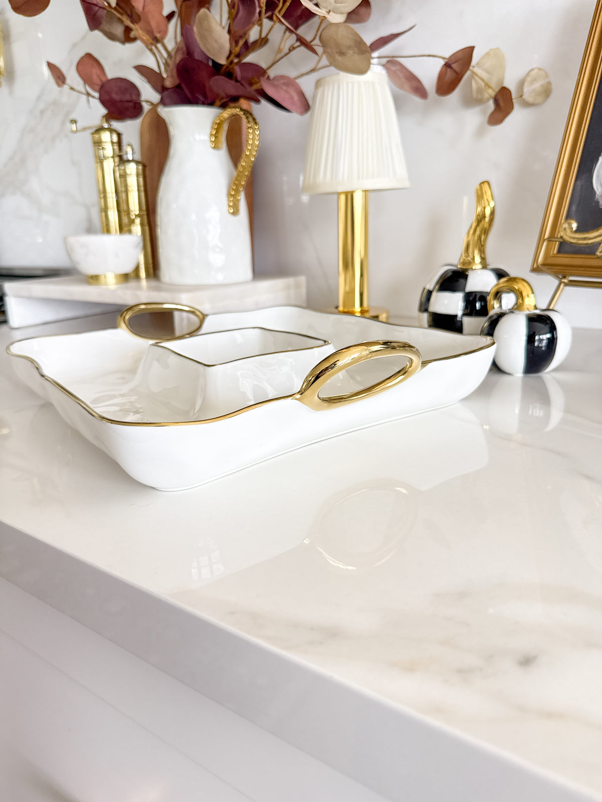 White with Gold Handle Chip & Dip Server