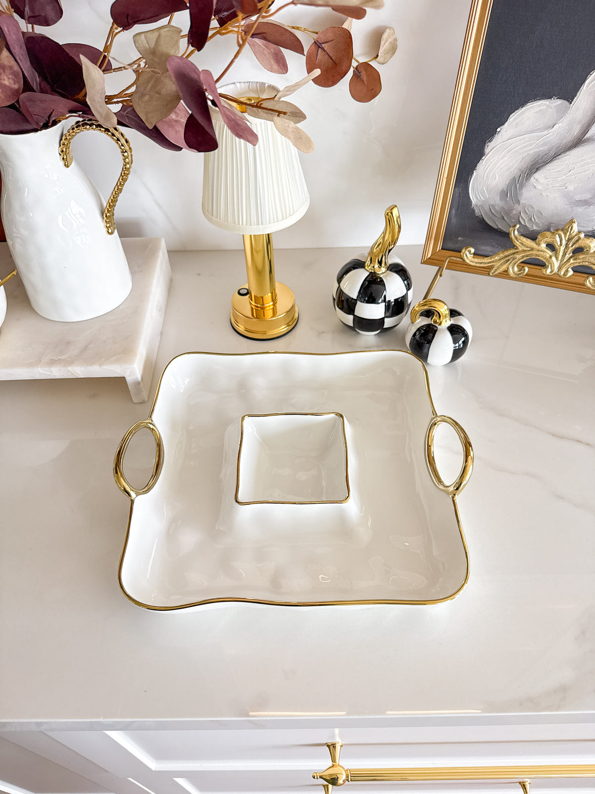 White with Gold Handle Chip & Dip Server