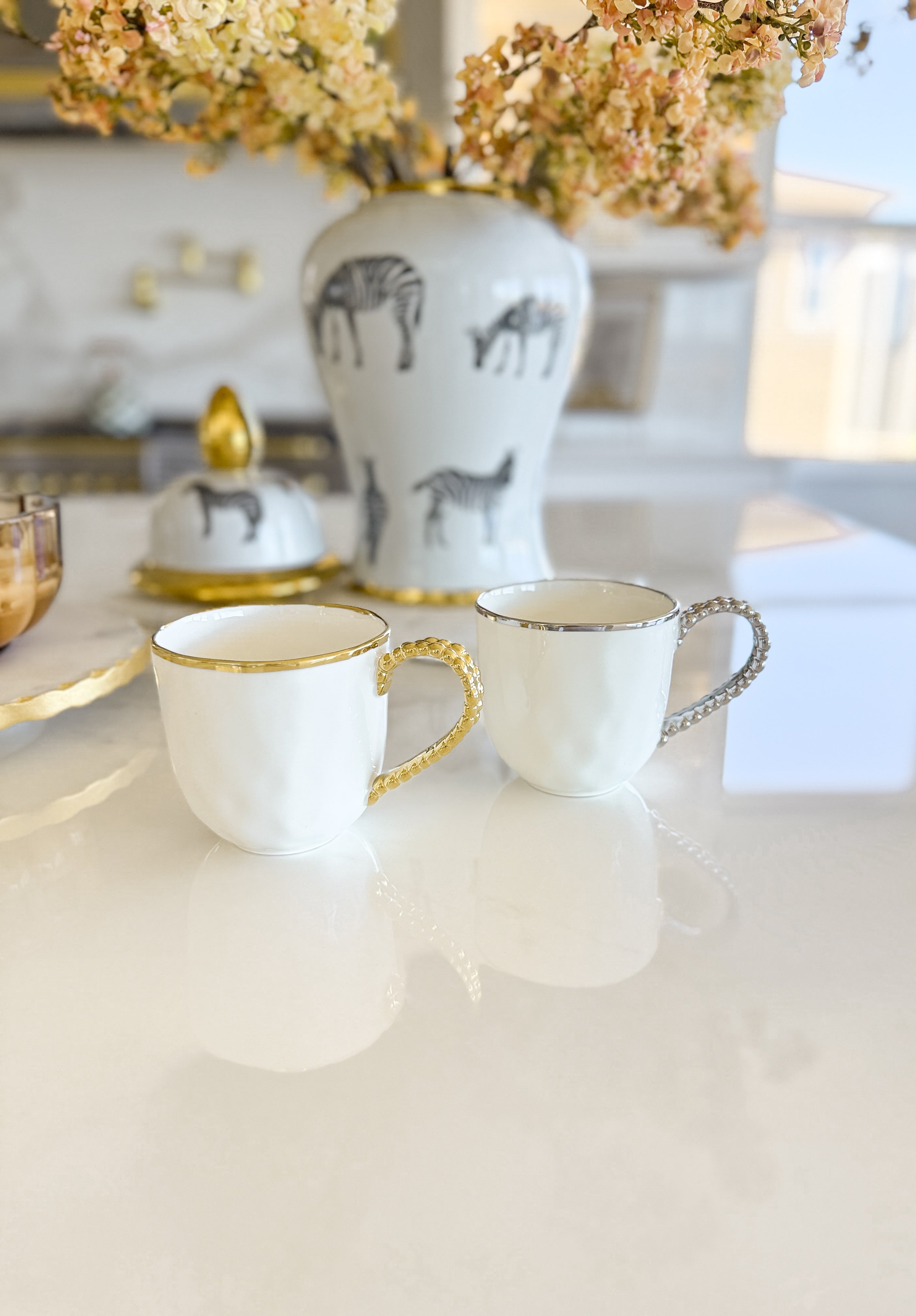 White and Gold Beaded Mugs