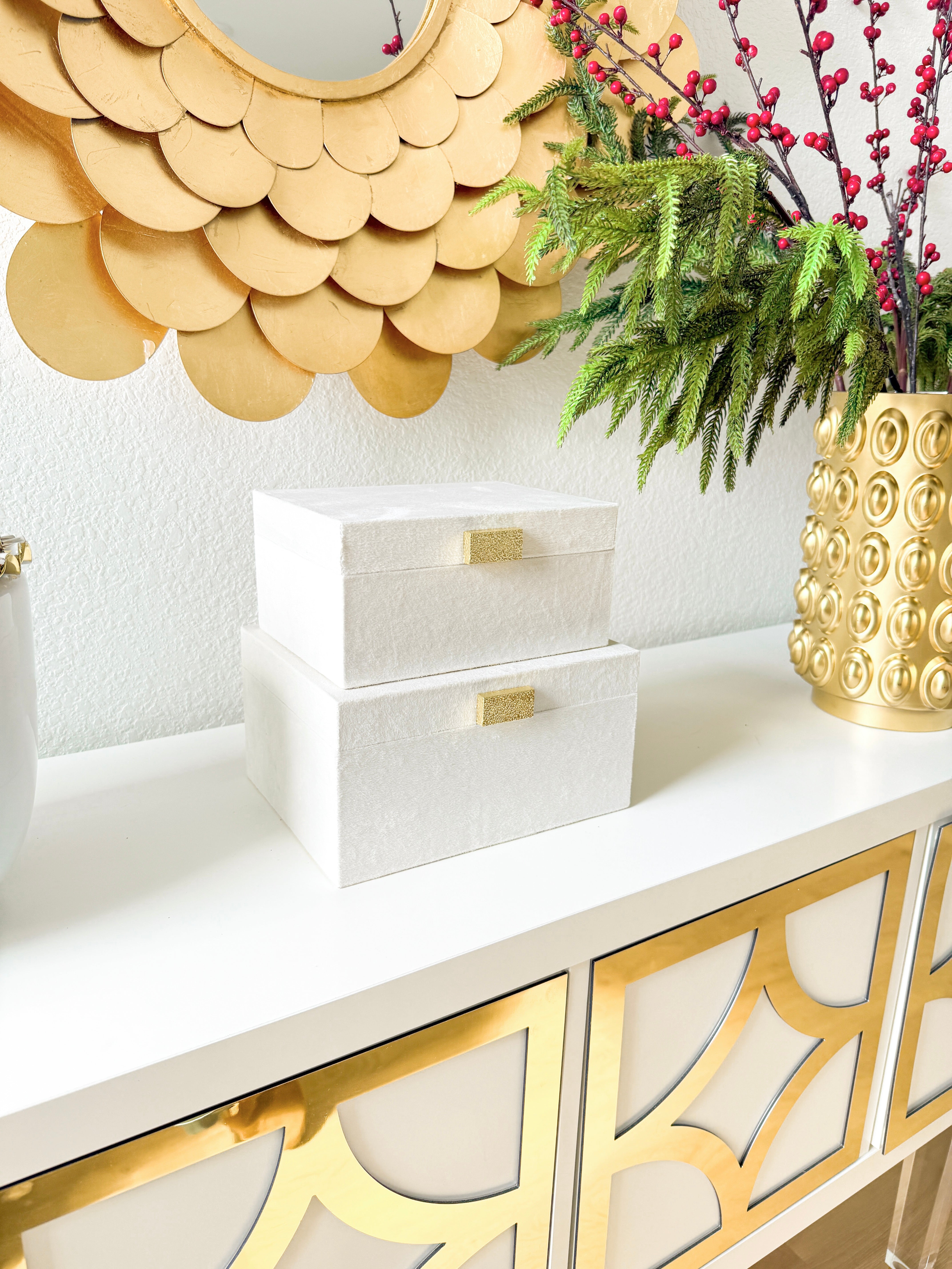 White and Gold Velvet Decorative Boxes (Set of 3)