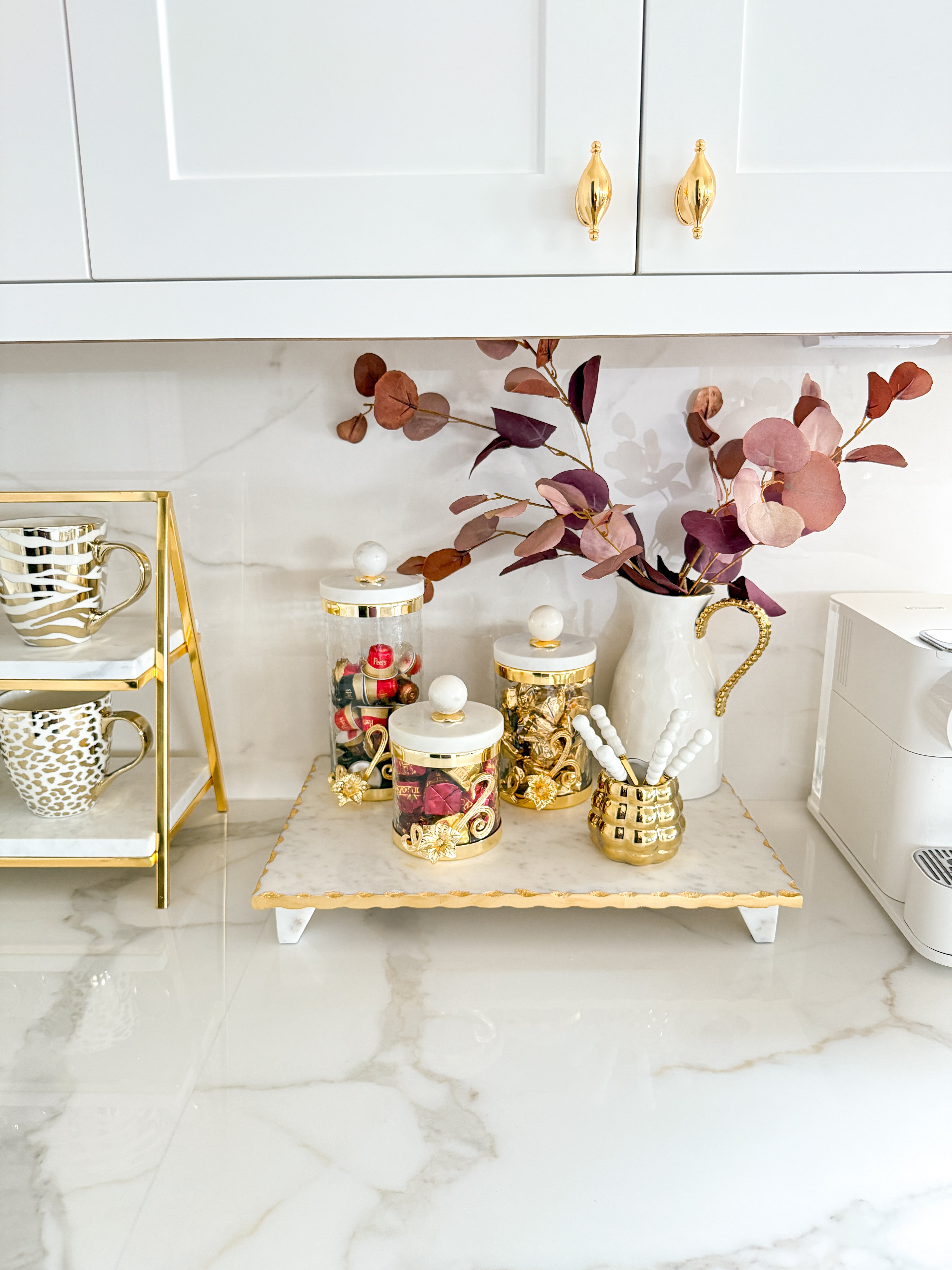 Gold Floral Leaf Canister with Marble Lid