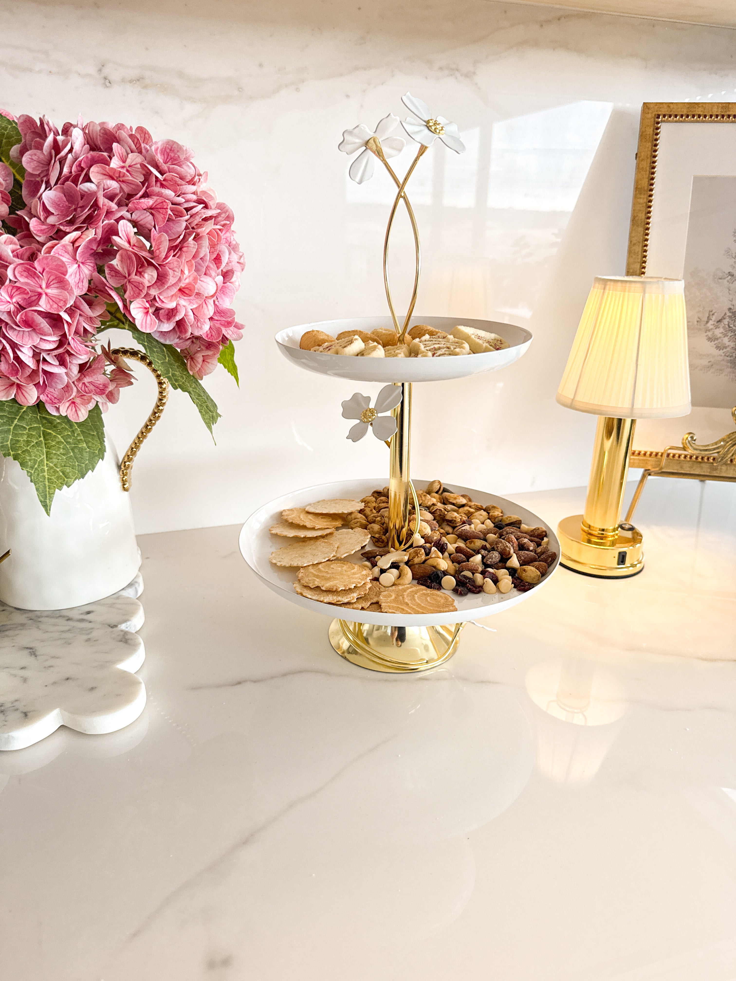 Gold and White Jasmine Flower 2-Tier Server Stand