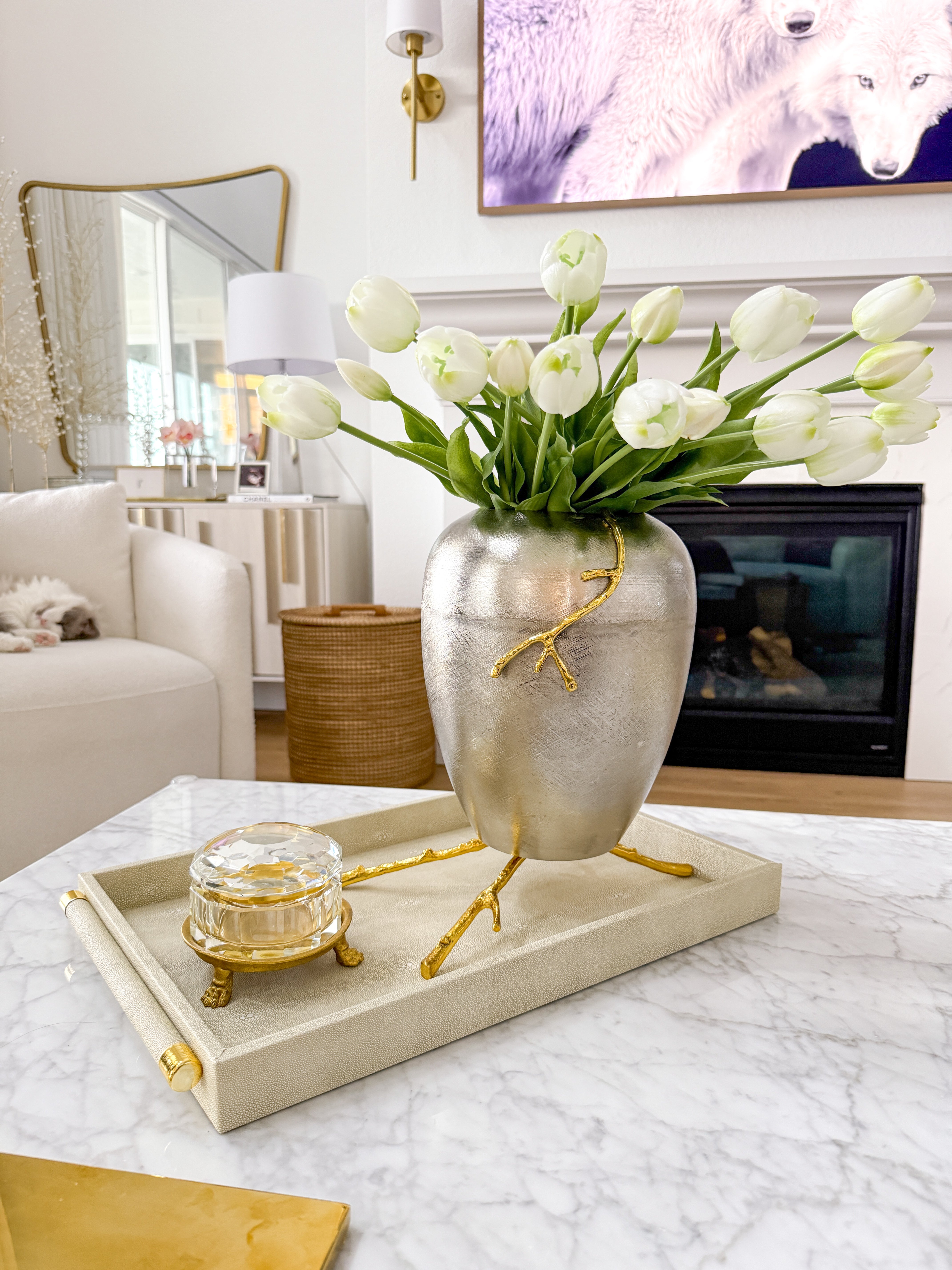 Beige Leather Decorative Tray with Gold Handle (Set of 2)