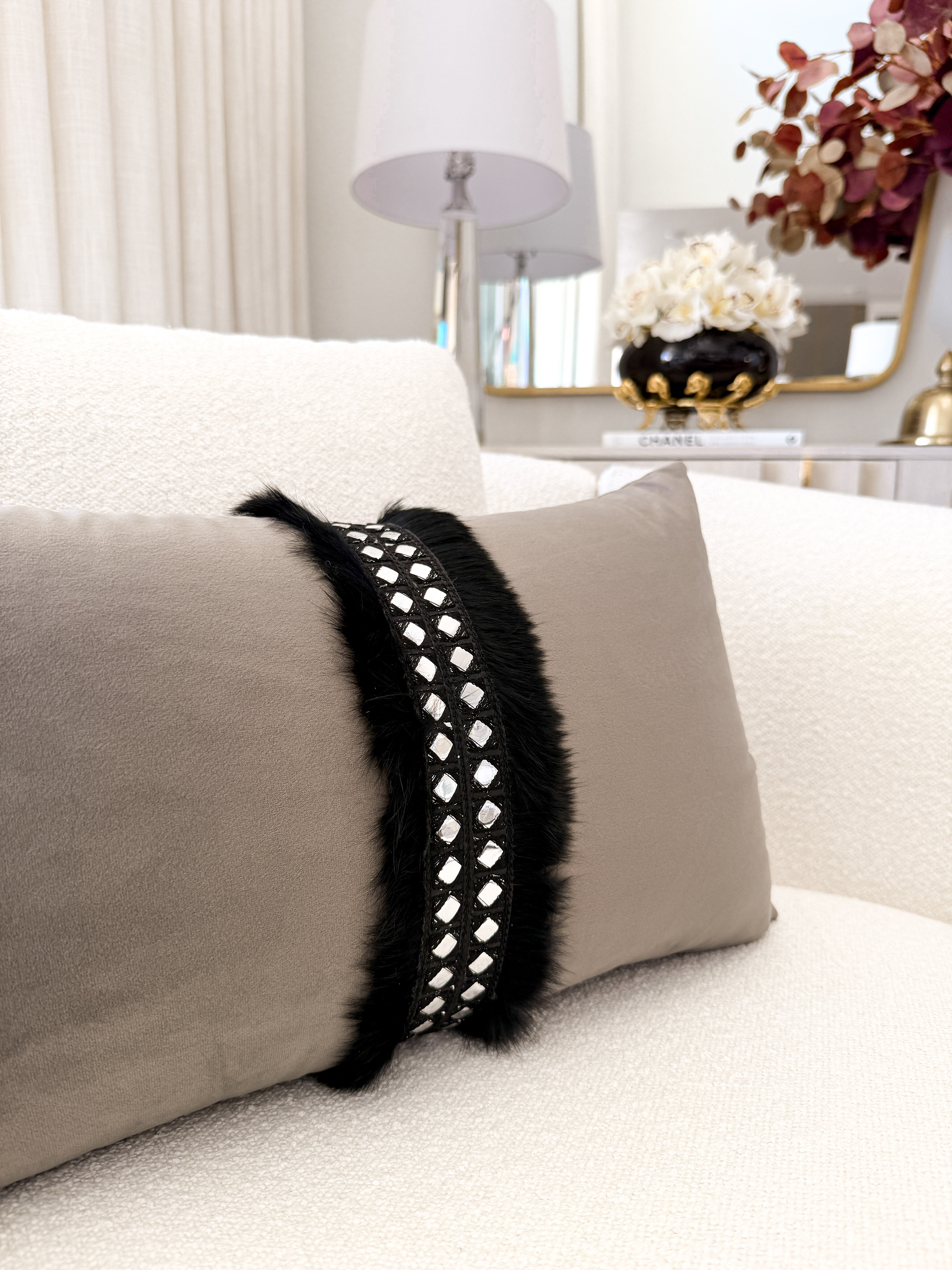 Gray with Black Feather Belt Lumbar Throw Pillow Cover