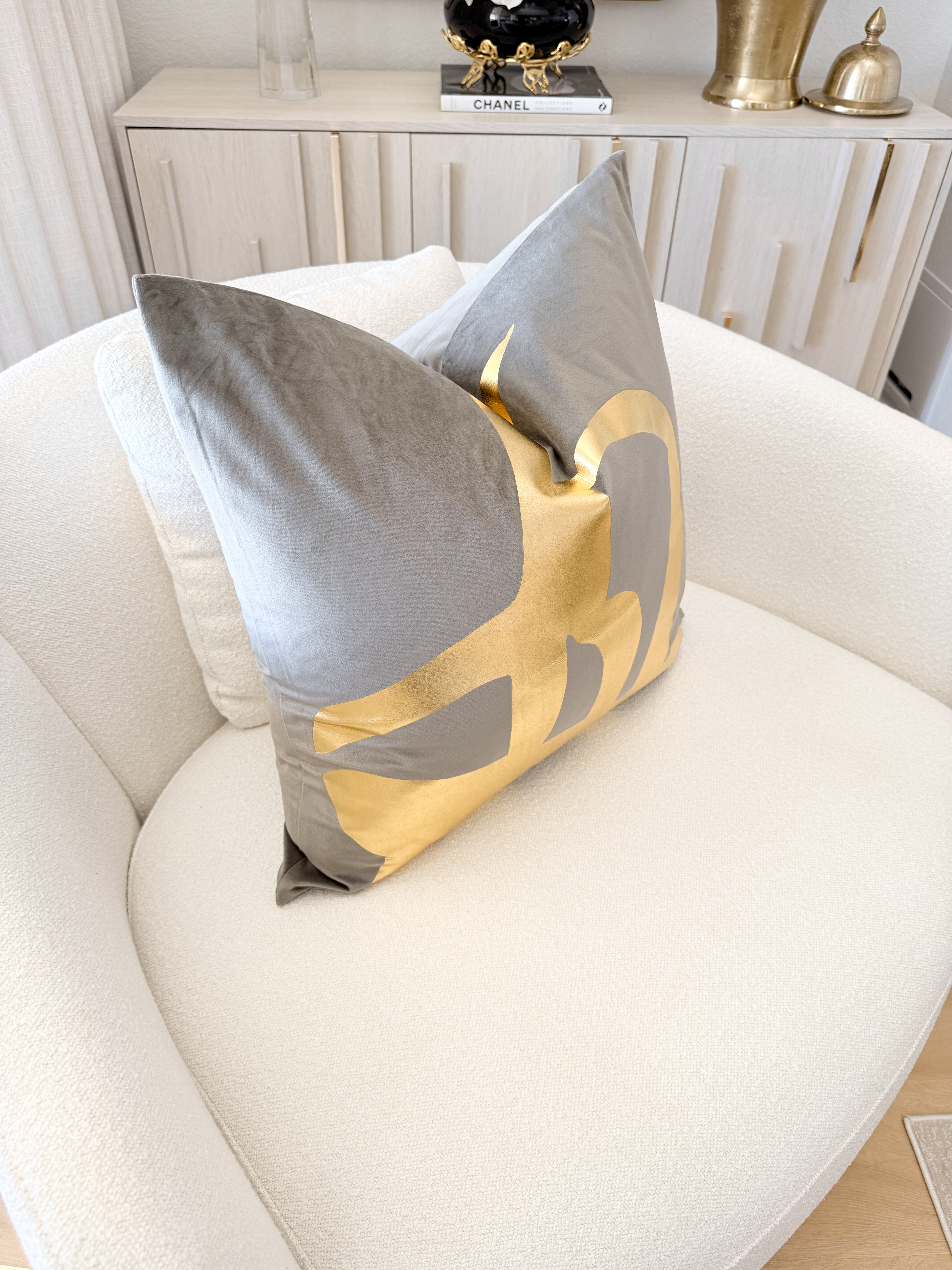 Gray and Gold Foil Pattern Throw Pillow Cover