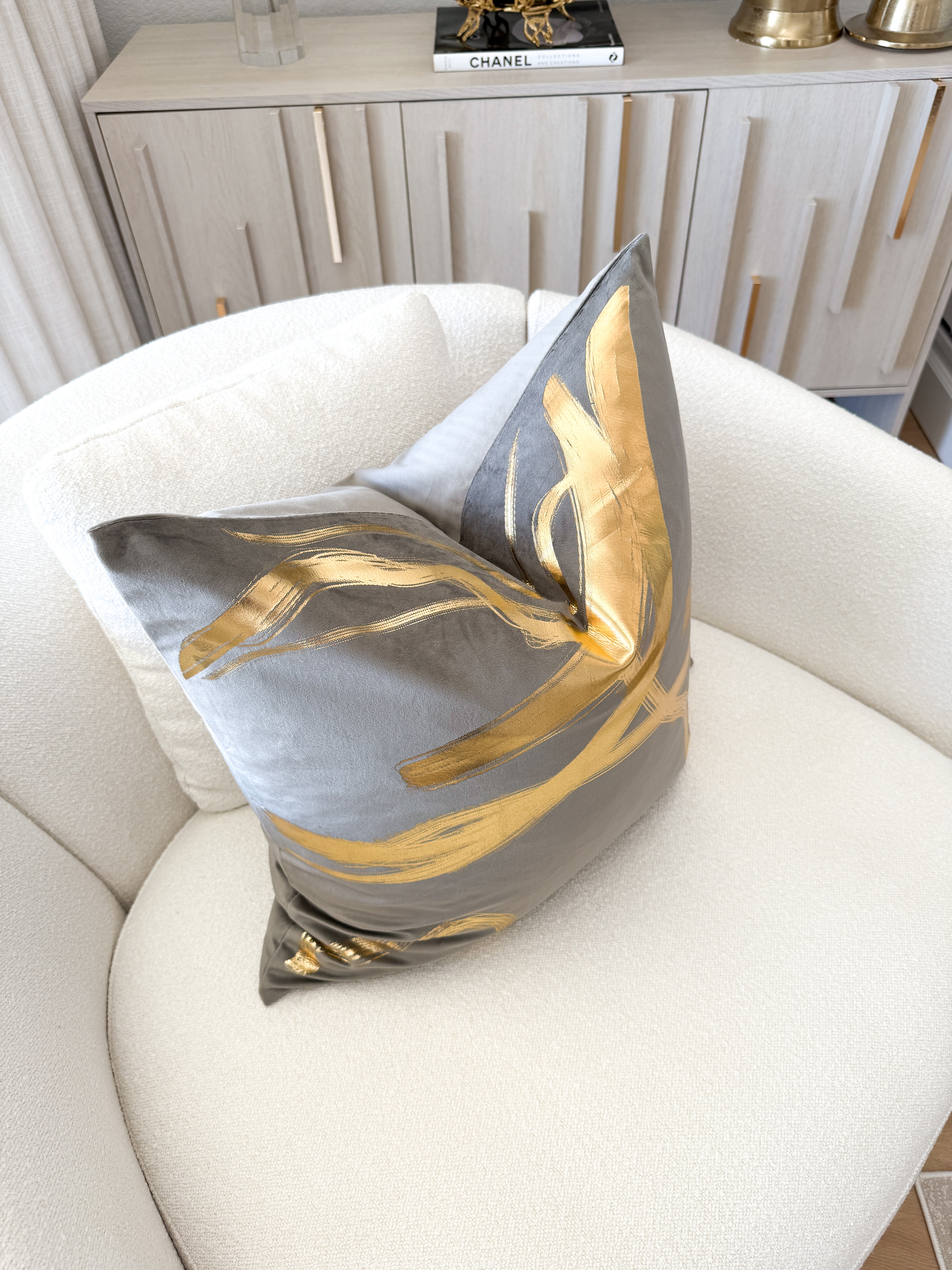 Gray and Gold Foil Waves Throw Pillow Cover