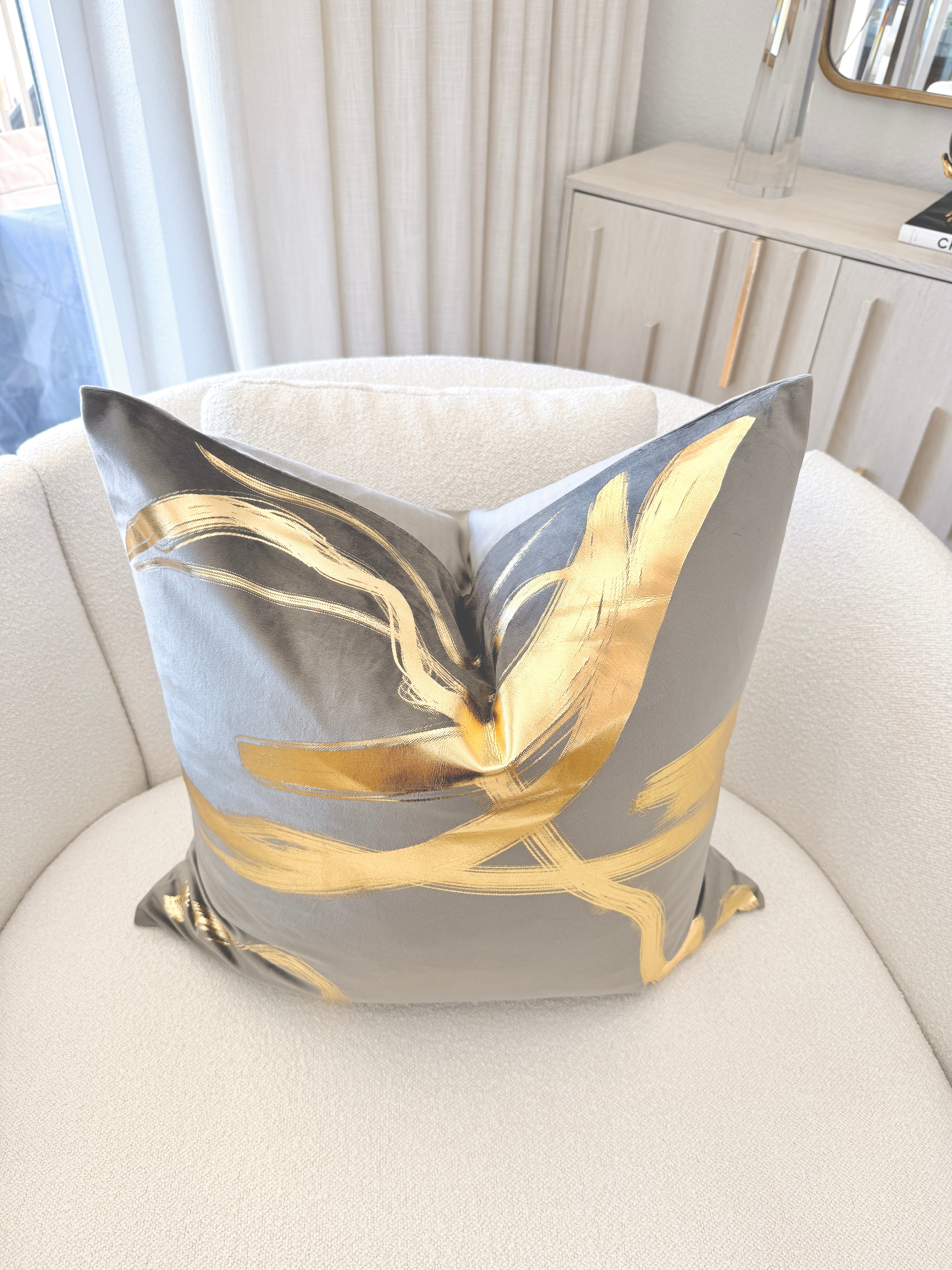 Gray and Gold Foil Ribbon Pattern Throw Pillow Cover