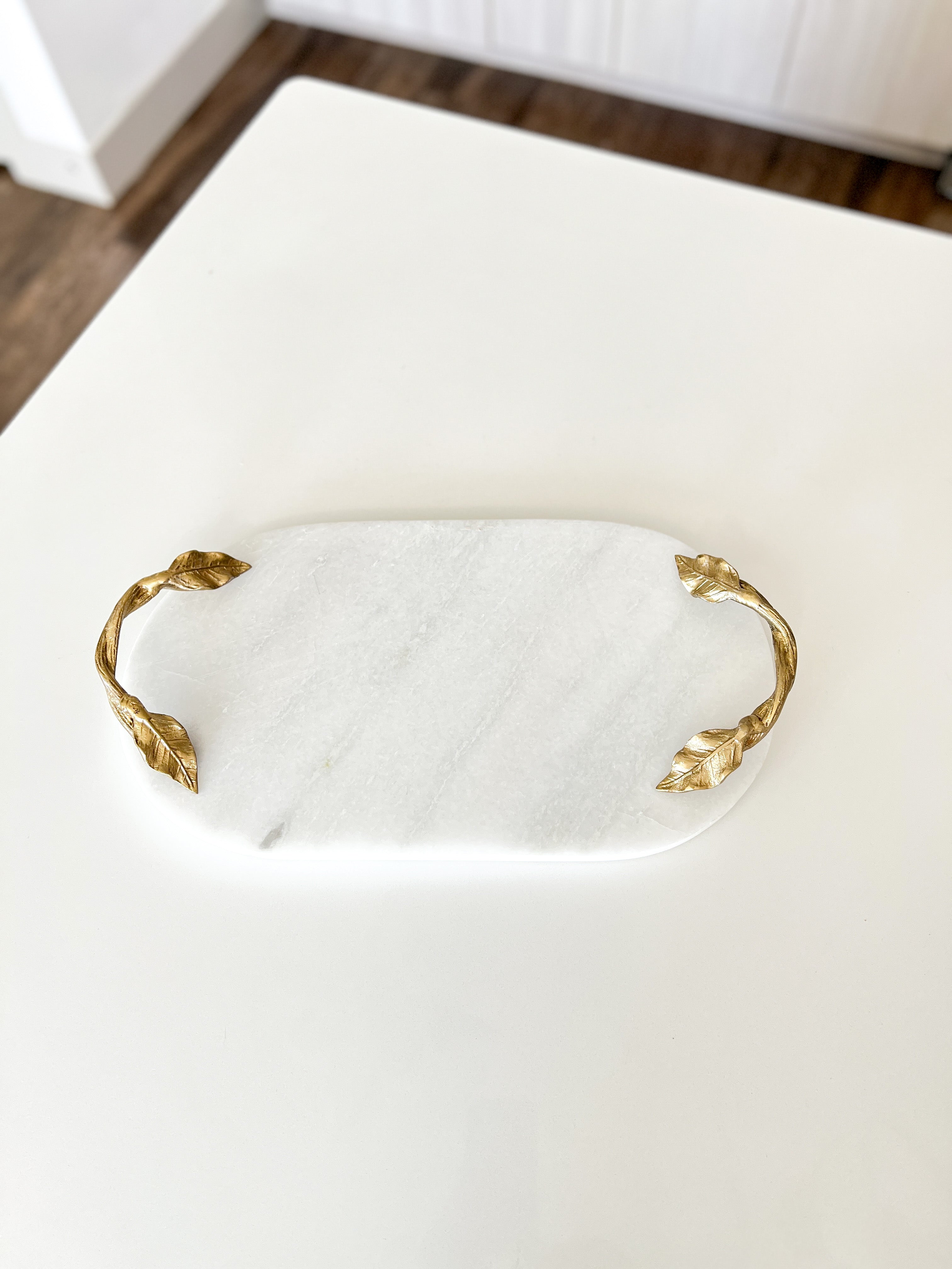 Marble Oval Tray with Gold Leaf Handles