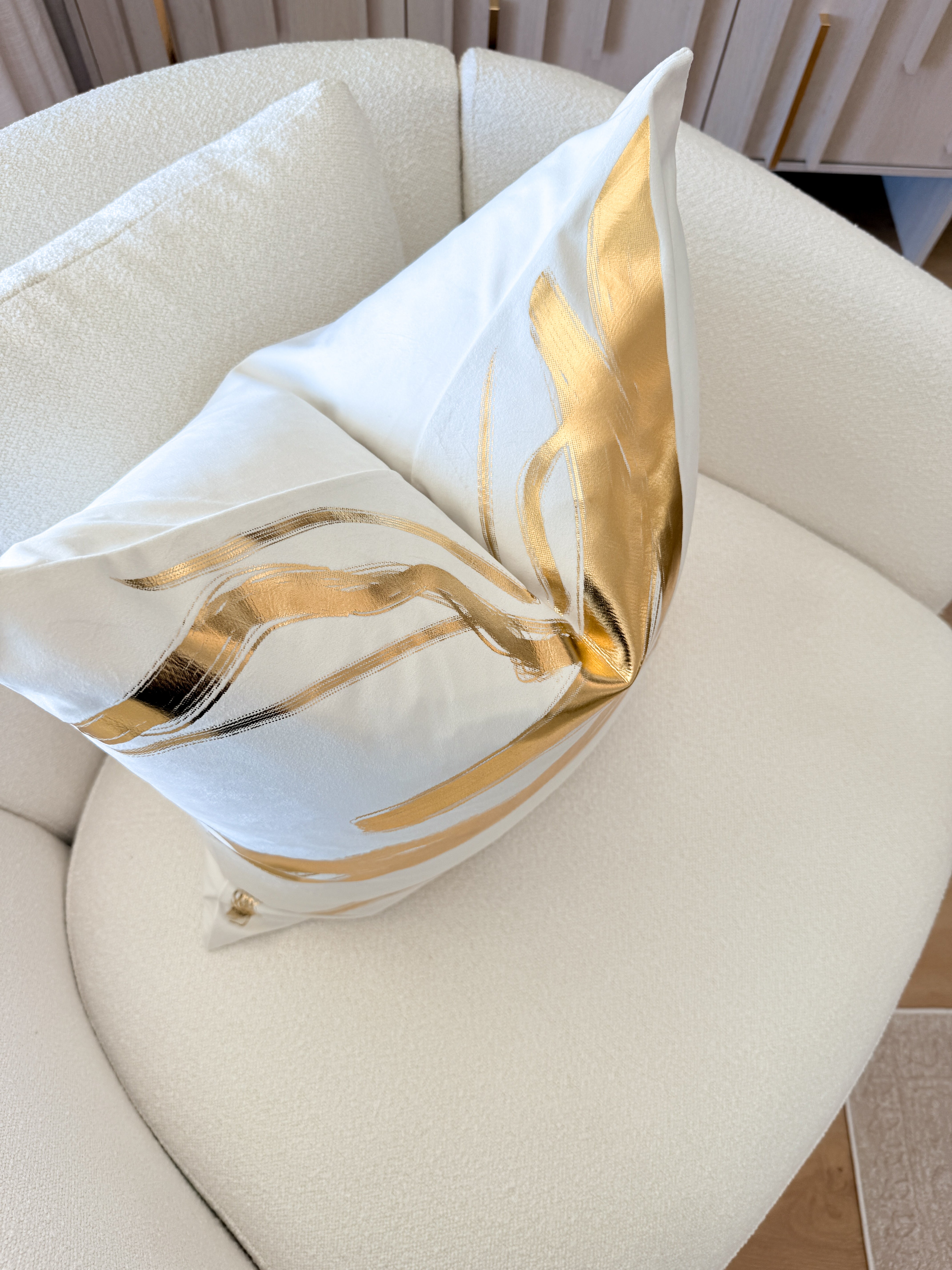 White and Gold Foil Wavy Pattern Throw Pillow Cover