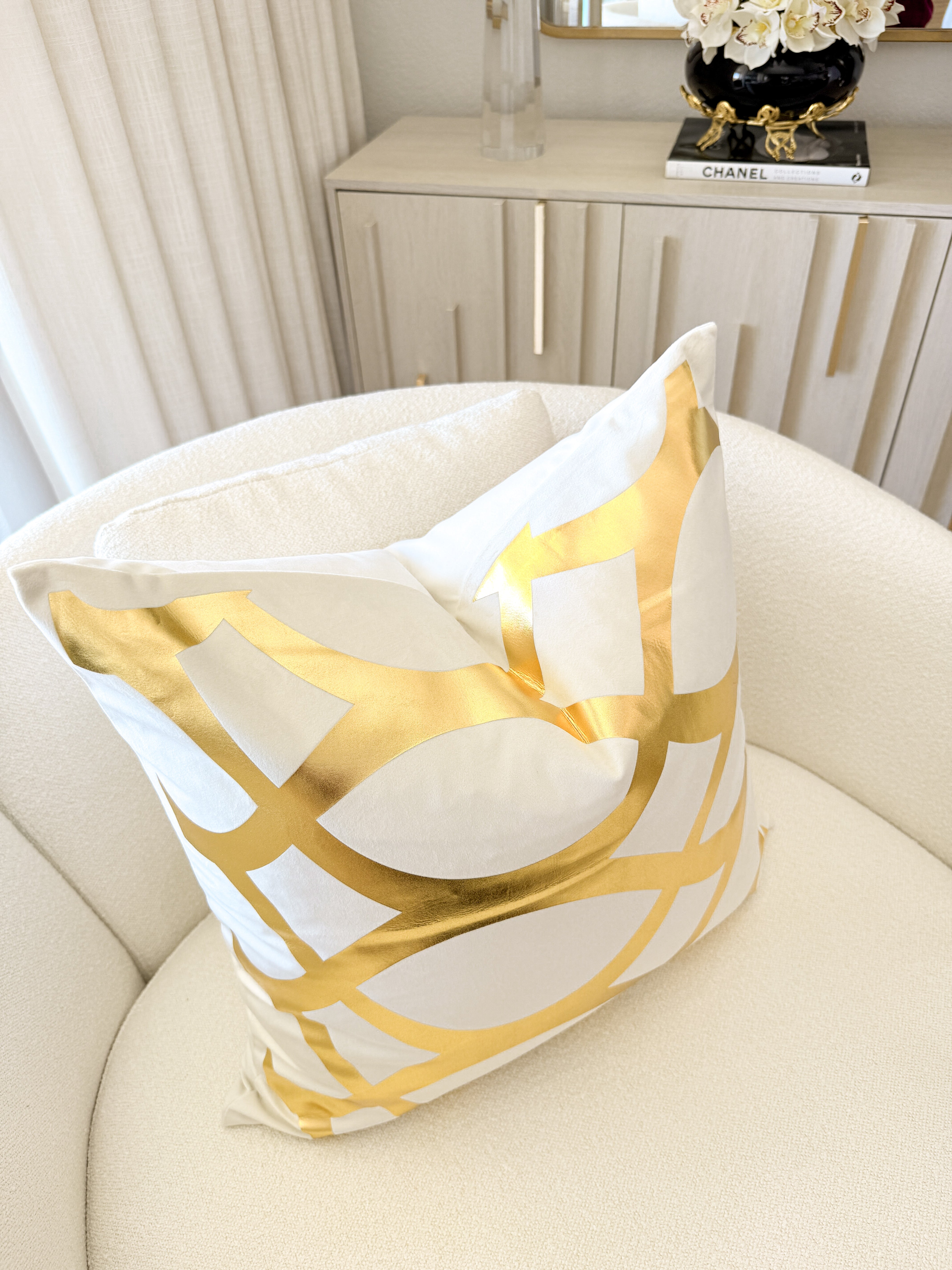 White and Gold Foil Wavy Pattern Throw Pillow Cover