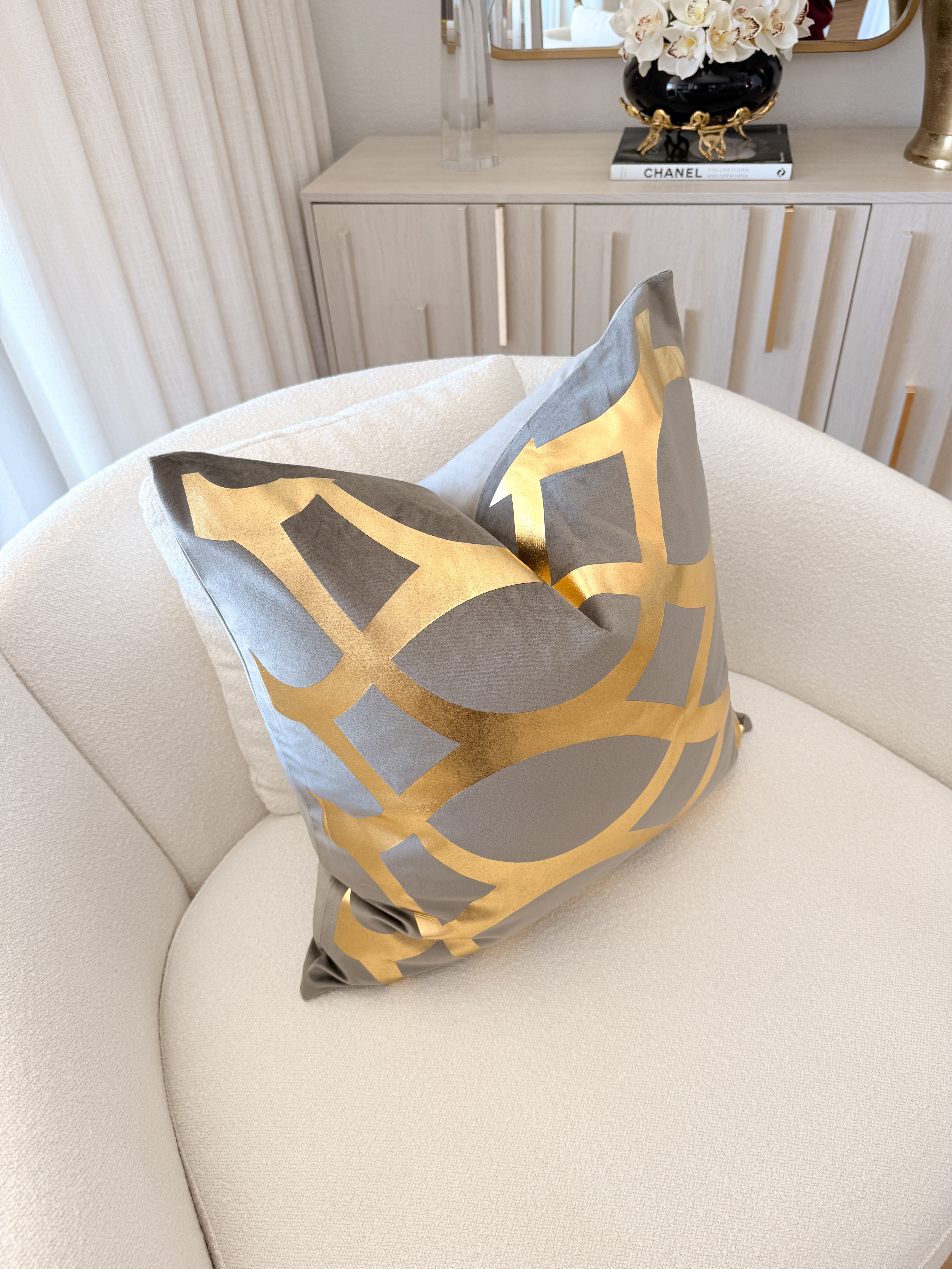 Gray and Gold Foil Wavy Pattern Throw Pillow Cover