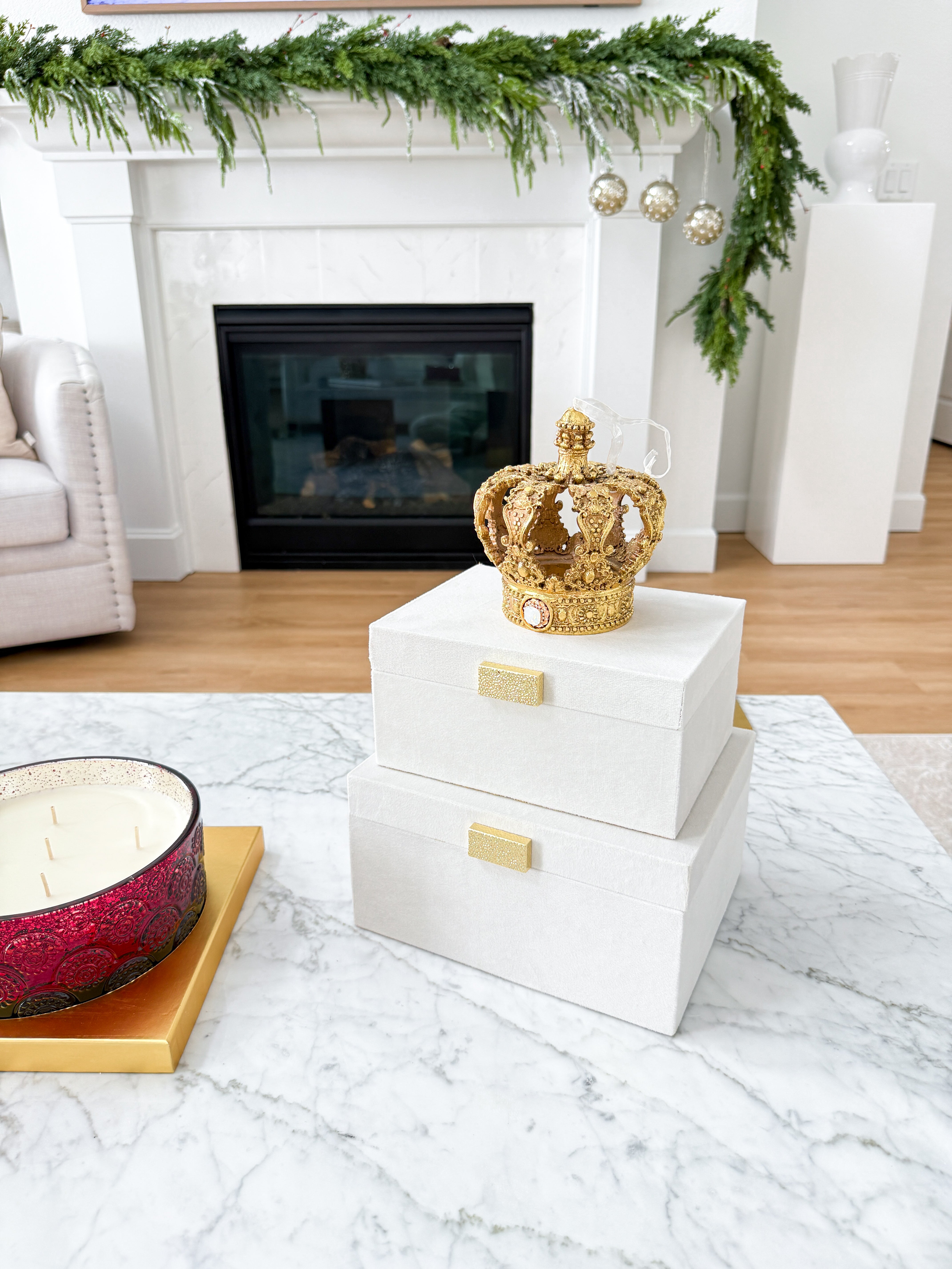 White and Gold Velvet Decorative Boxes (Set of 3)