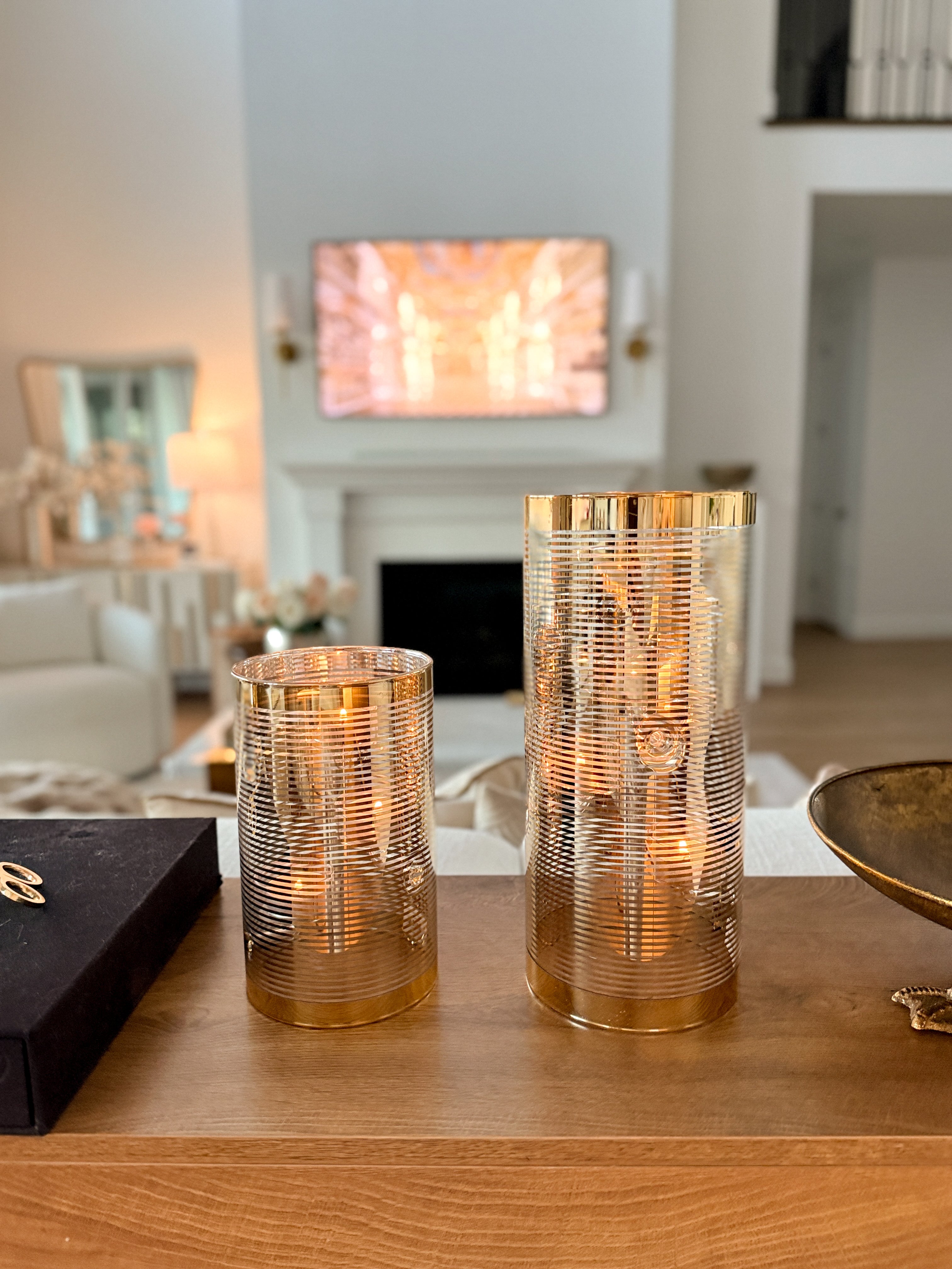Gold Striped Glass Tealight Holder