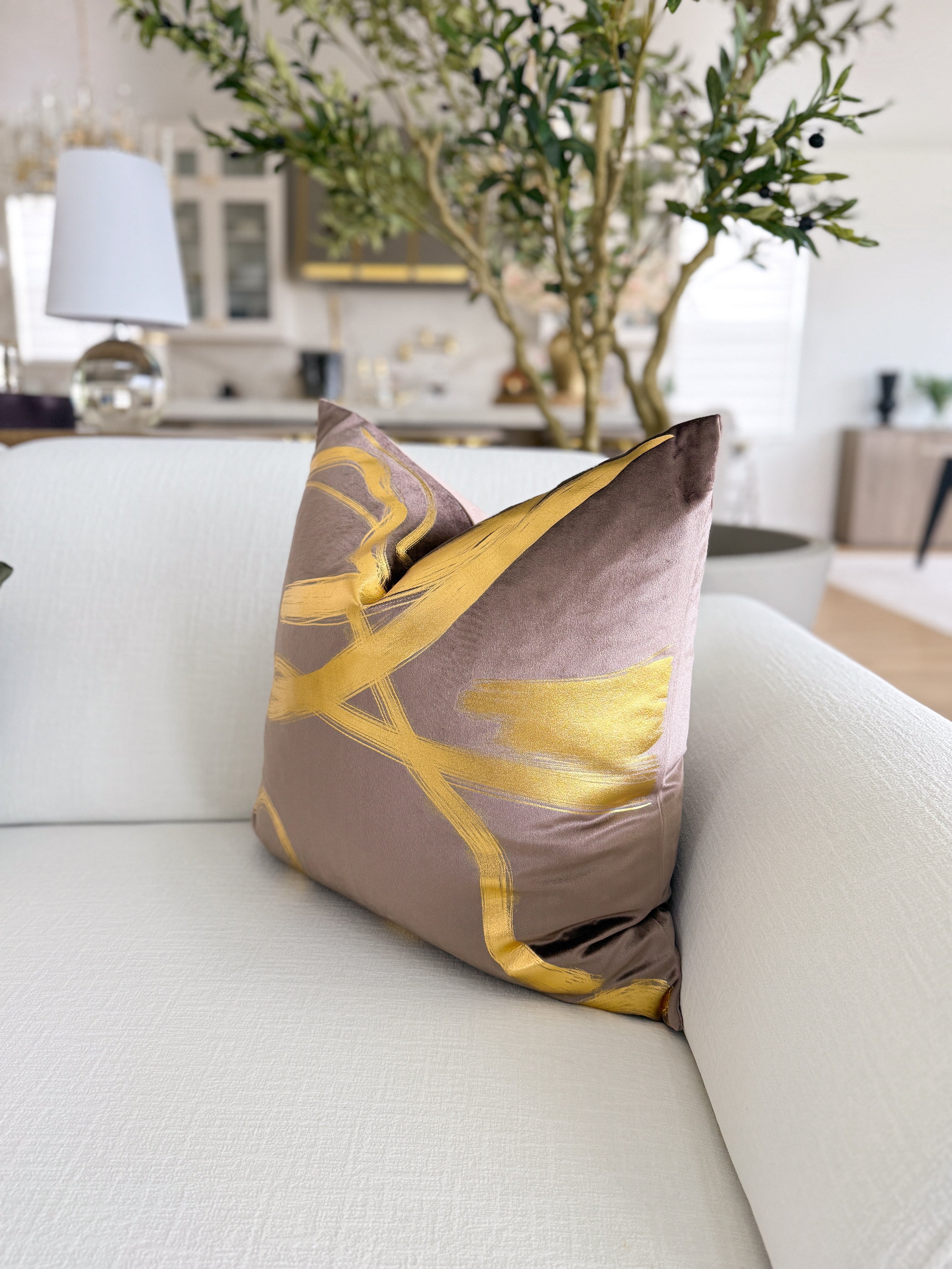 Light Brown Velvet with Gold Wavy Pattern Throw Pillow Cover