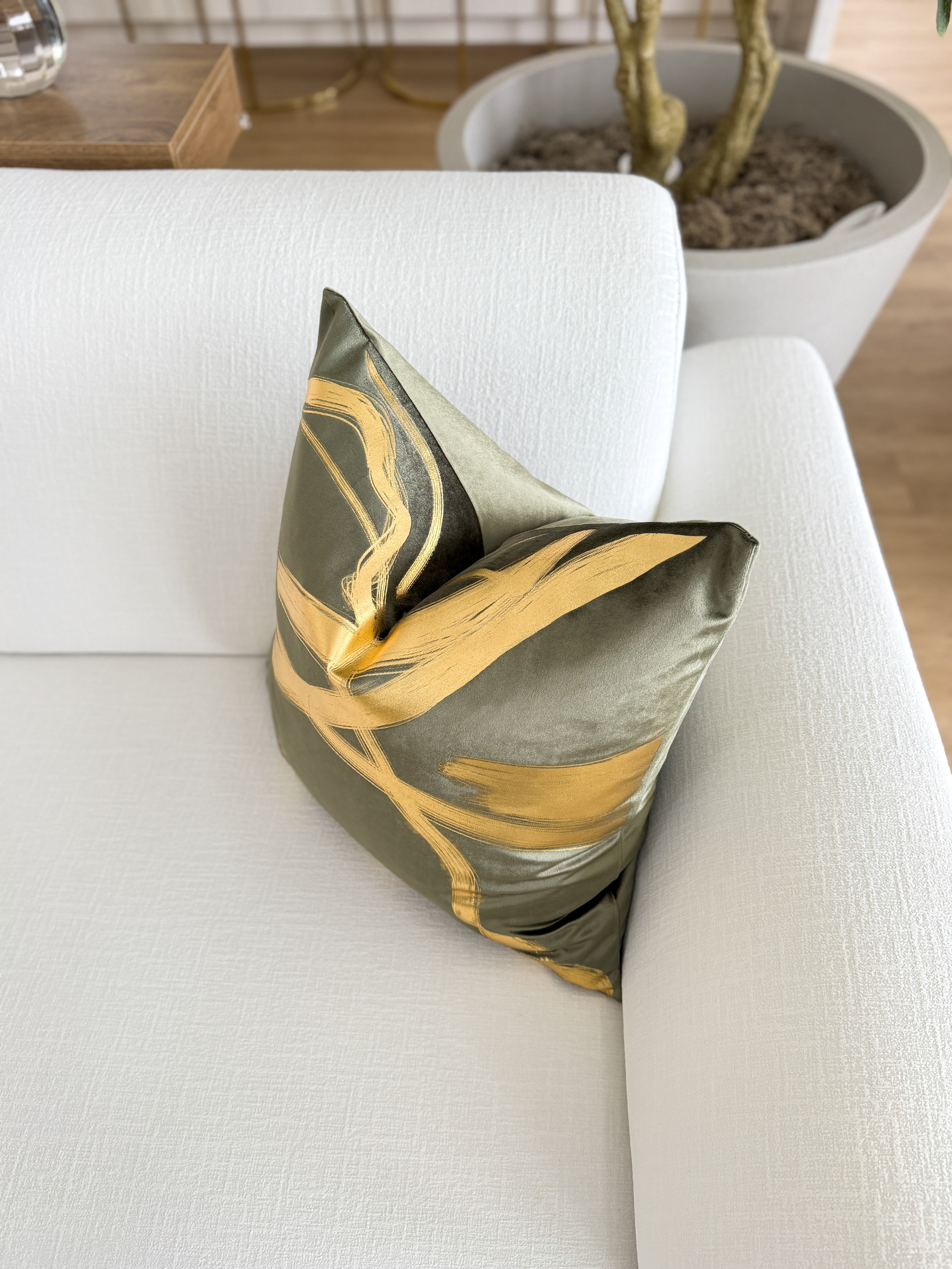 Olive Green Velvet with Gold Wavy Pattern Throw Pillow Cover