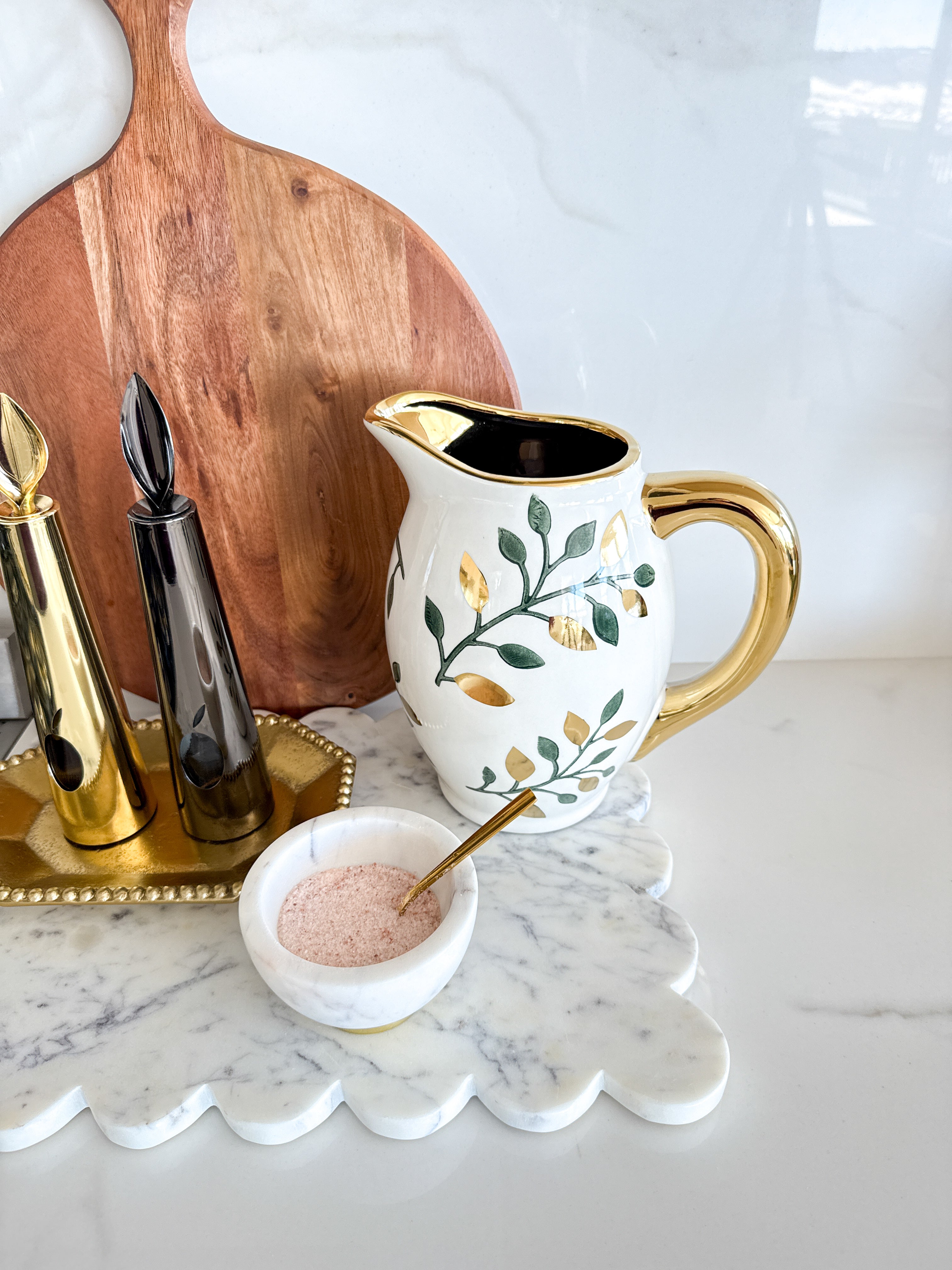 White and Gold Floral Print Pitcher