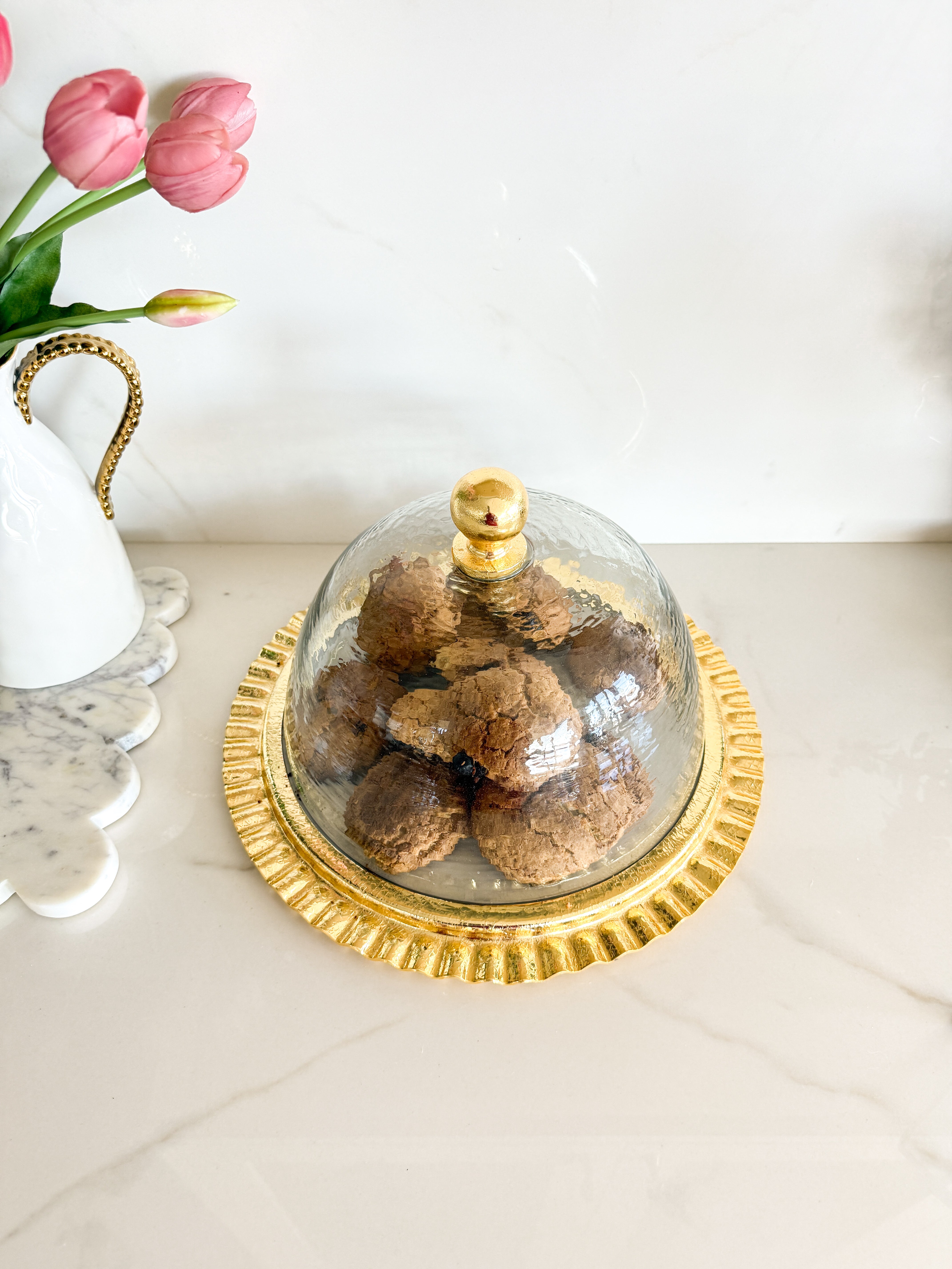 Gold Trim Marble Cake Tray with Glass Dome