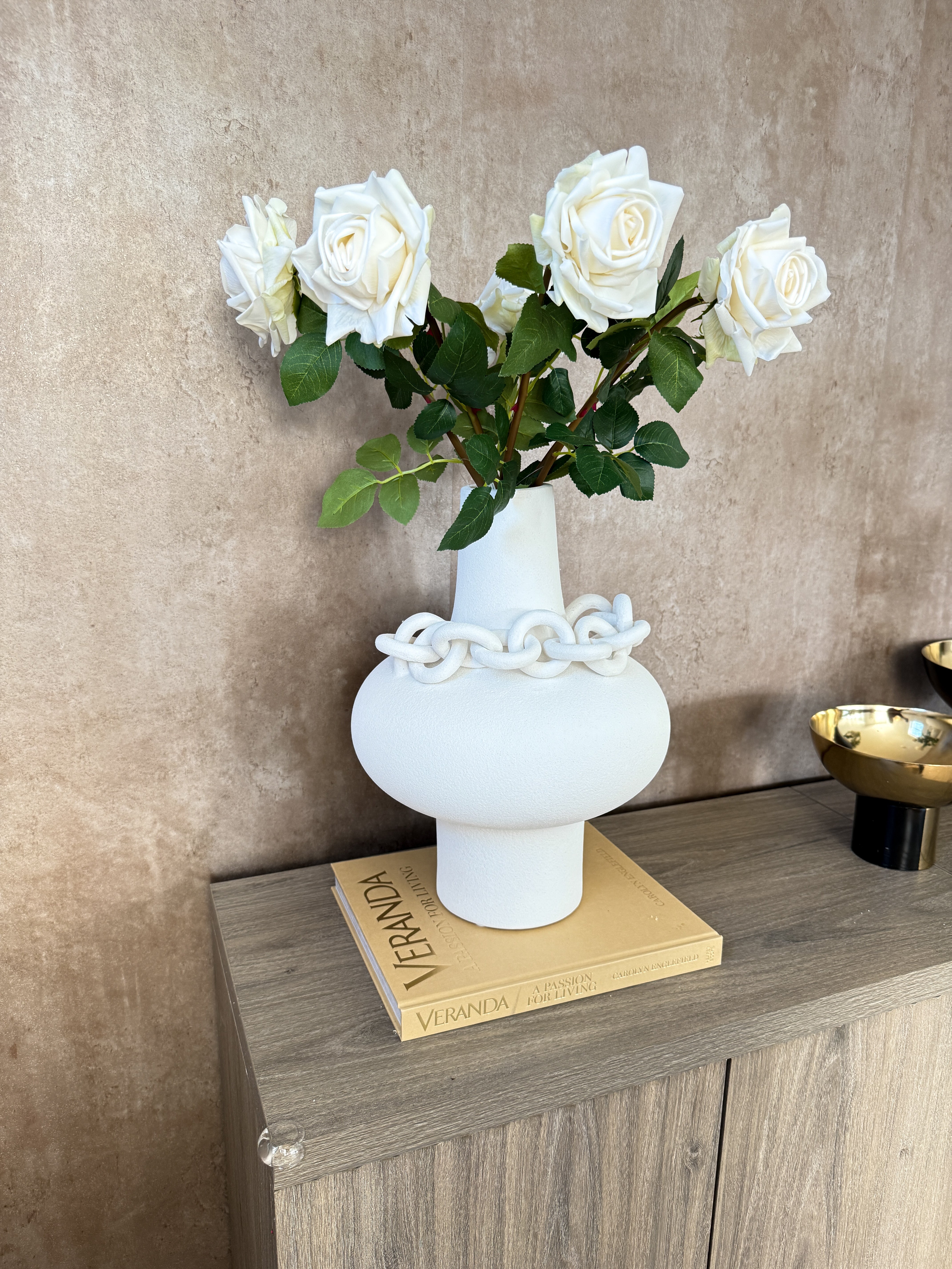 Textured White Vase with Chain