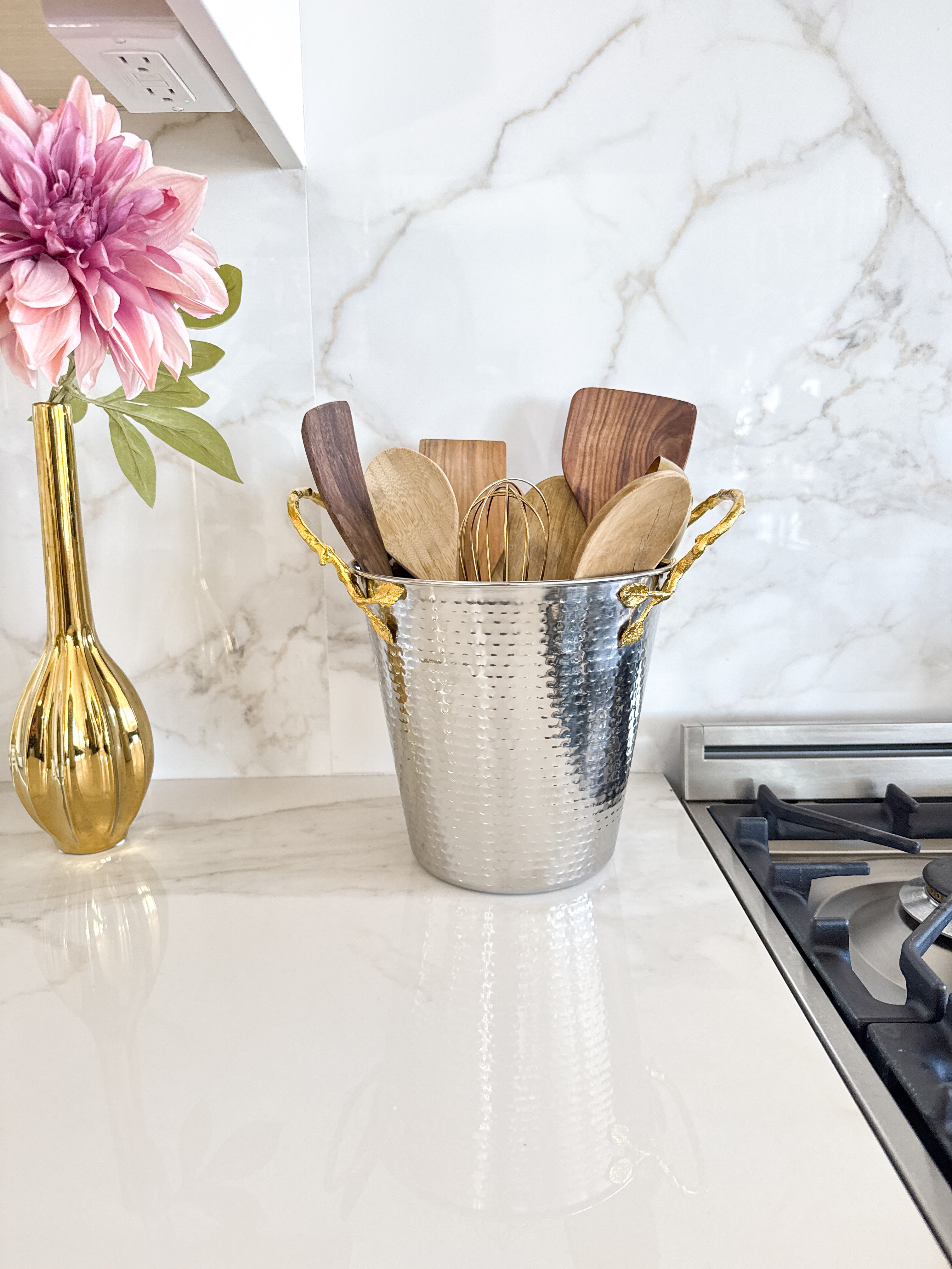 Silver Hammered Kitchen Utensil Holder with Gold Leaf Handles