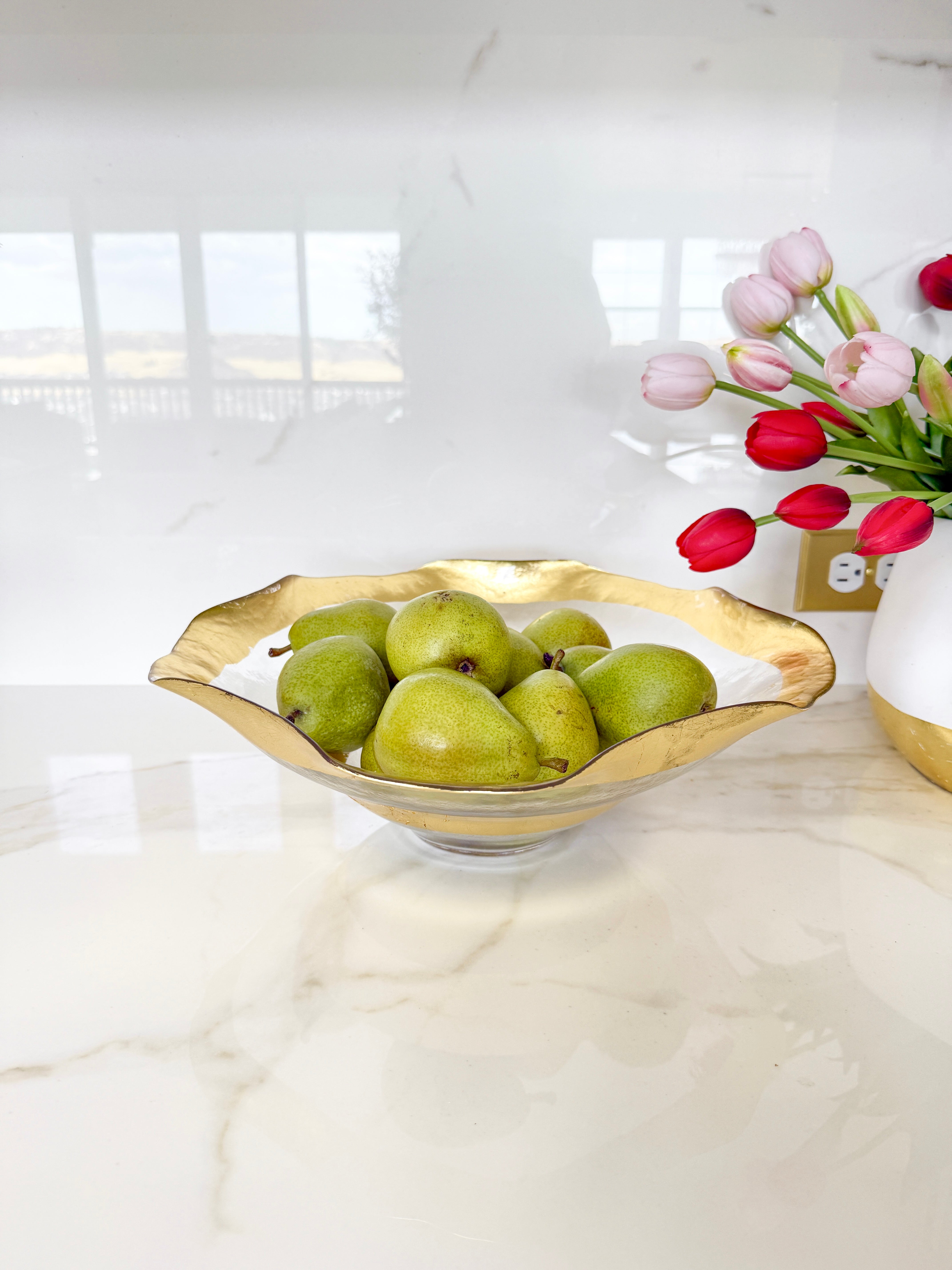 Gold Ruffled Edge Glass Serving Bowl