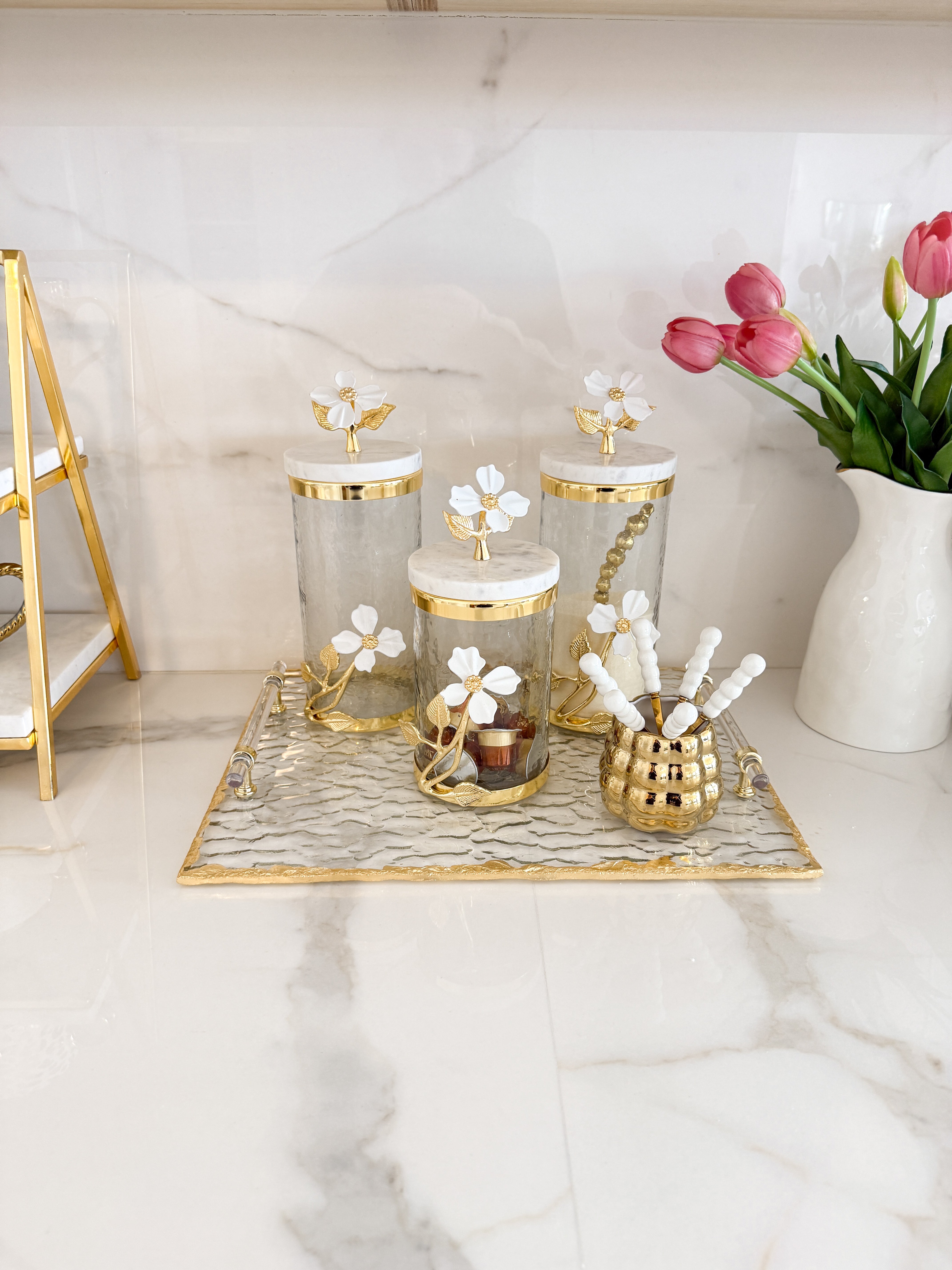 Gold Edge with Acrylic Handle Glass Serving Tray