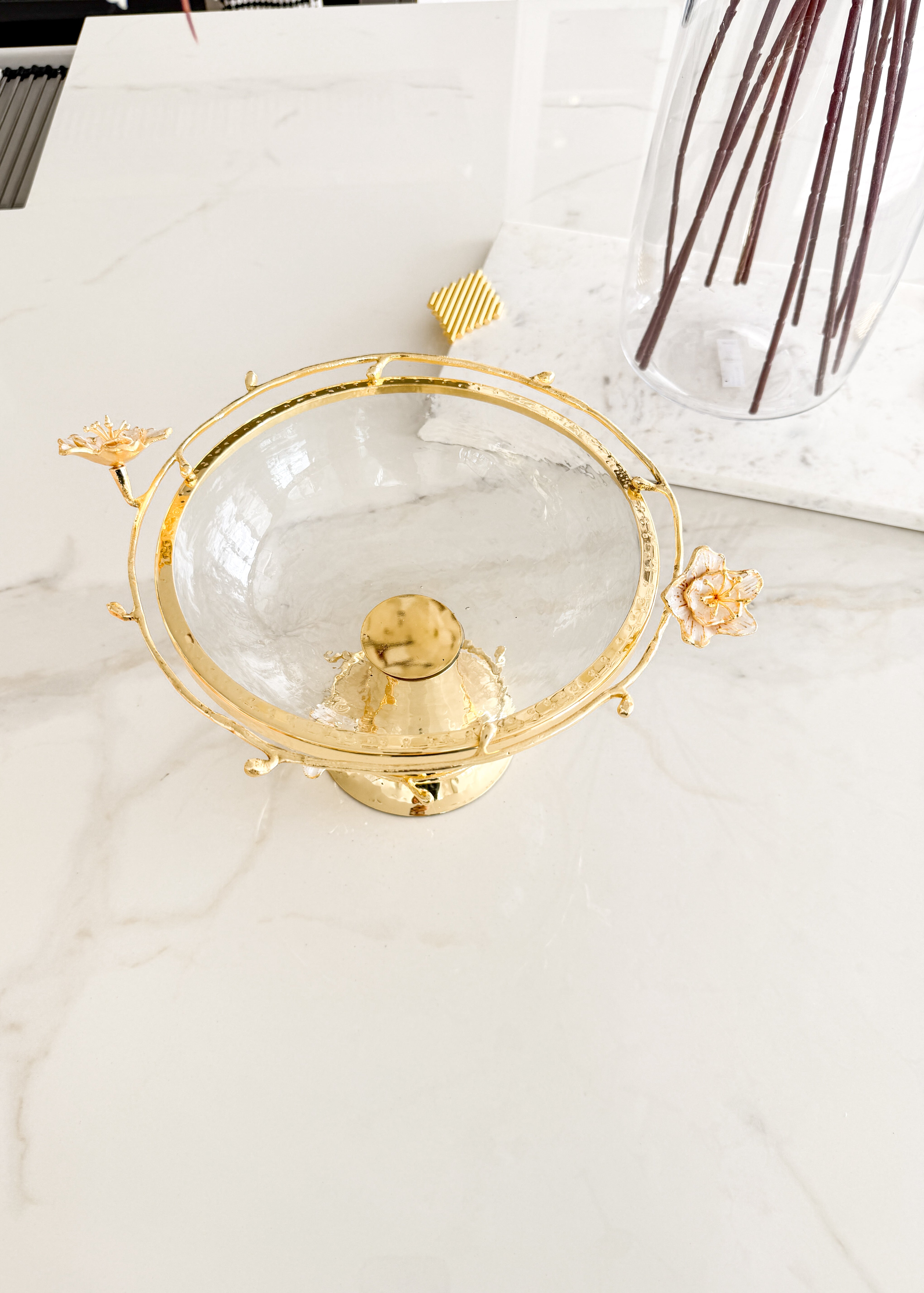 Gold Glass Footed Bowl with Floral Design